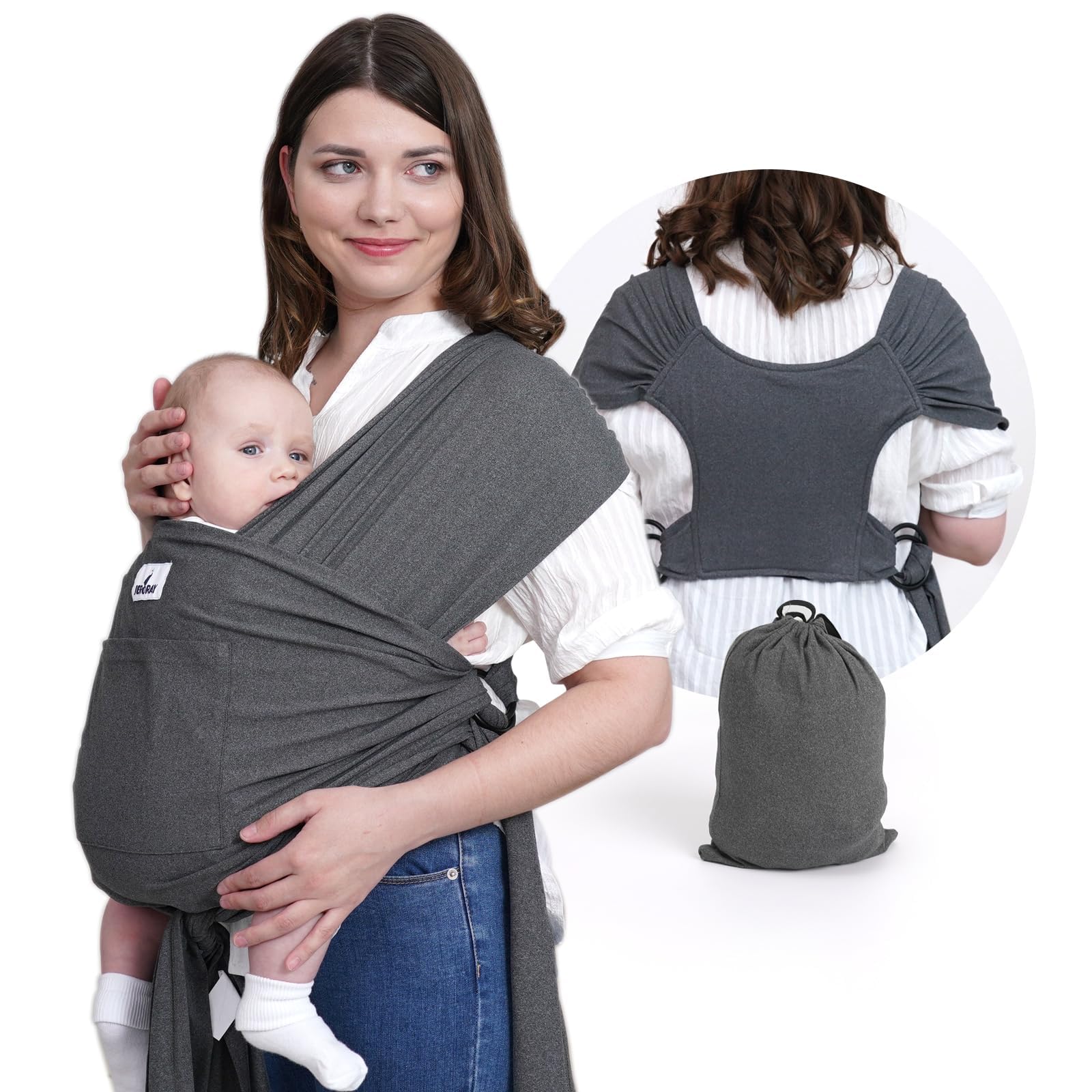 Jeroray Baby Wrap Carrier Sling: Baby Wearing Wraps Newborn to Toddlers Infants Stretchy Easy to Wear Hands Free Plus Size,Grey