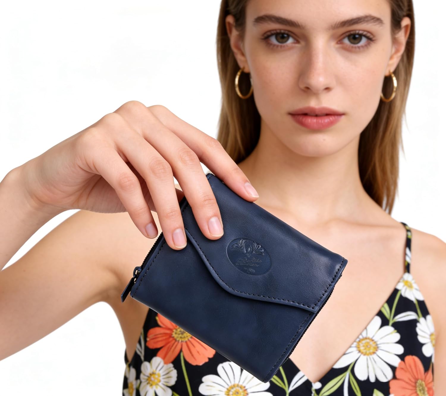 Julia Buxton Genuine Leather Classic French Wallet for Women, Ladies Purse with Accordion Card Case, Zipper Coin Pocket, ID Window and Key Ring, for Everyday & Travel, Navy