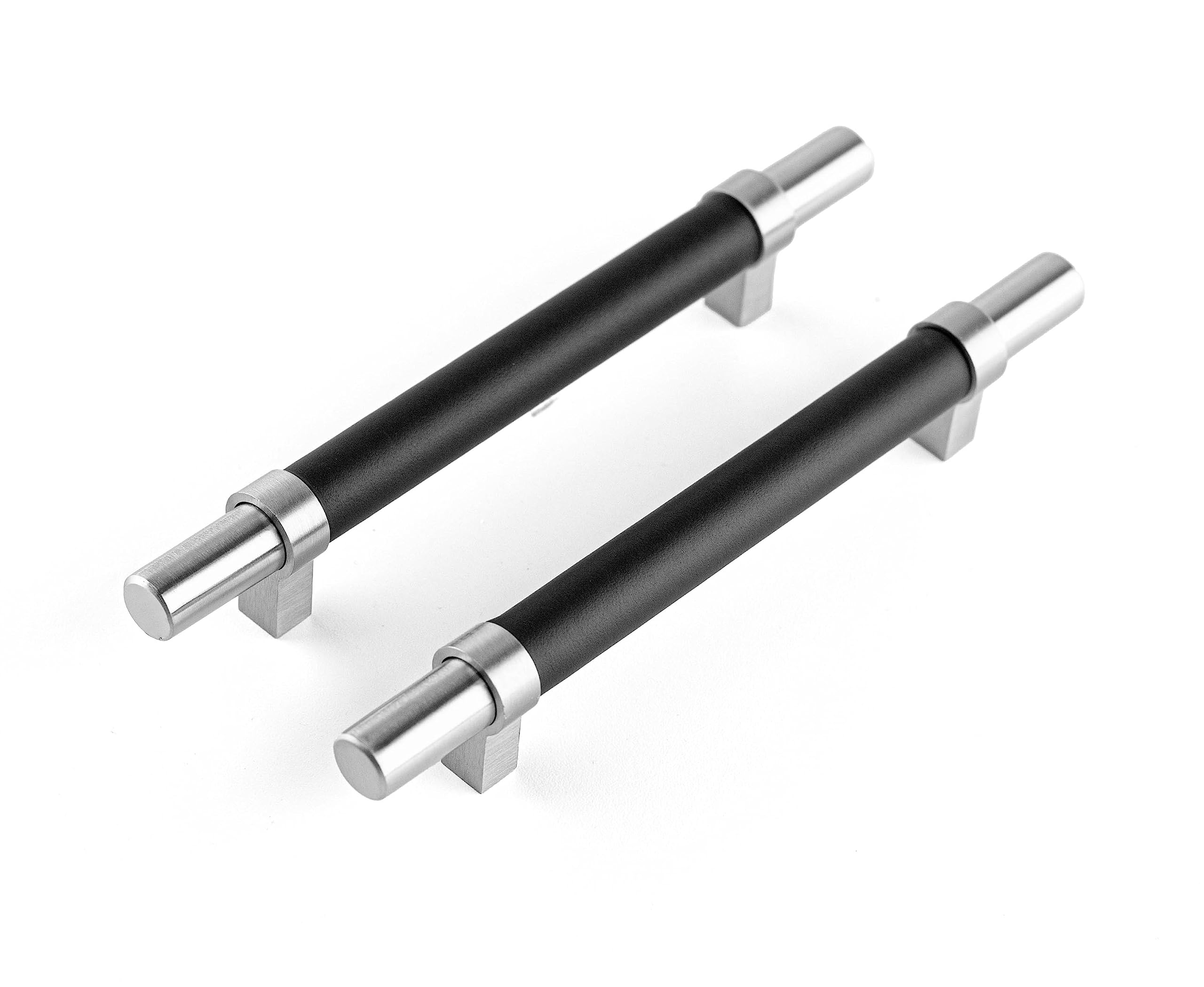 Brute Strength, Furniture Handles, Steel & Full Grain Leather, 128mm Hole Spacing, Silver & Black, Pack of 4