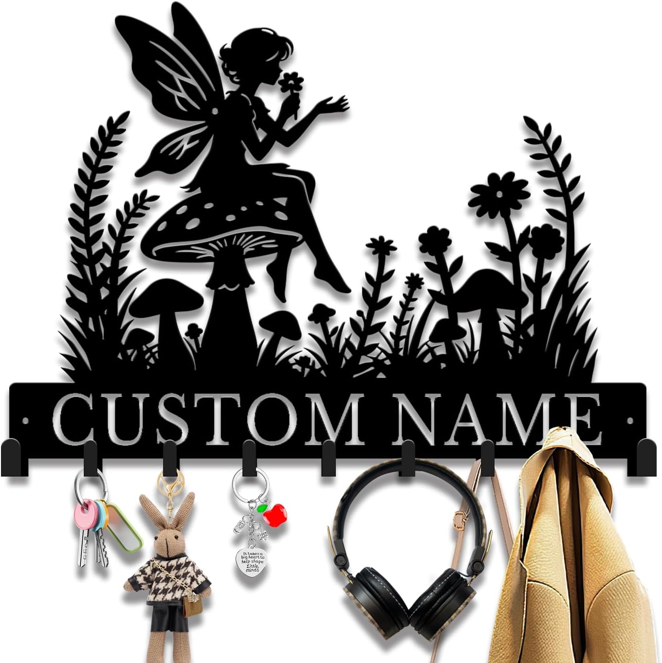 Personalized Fairy Key Holder Wall Mount, Metal Flower Fairy Coat Hook, Custom Name Key Rack, Whimsical Home Decor for Entryway or Girls Room (Style-1)