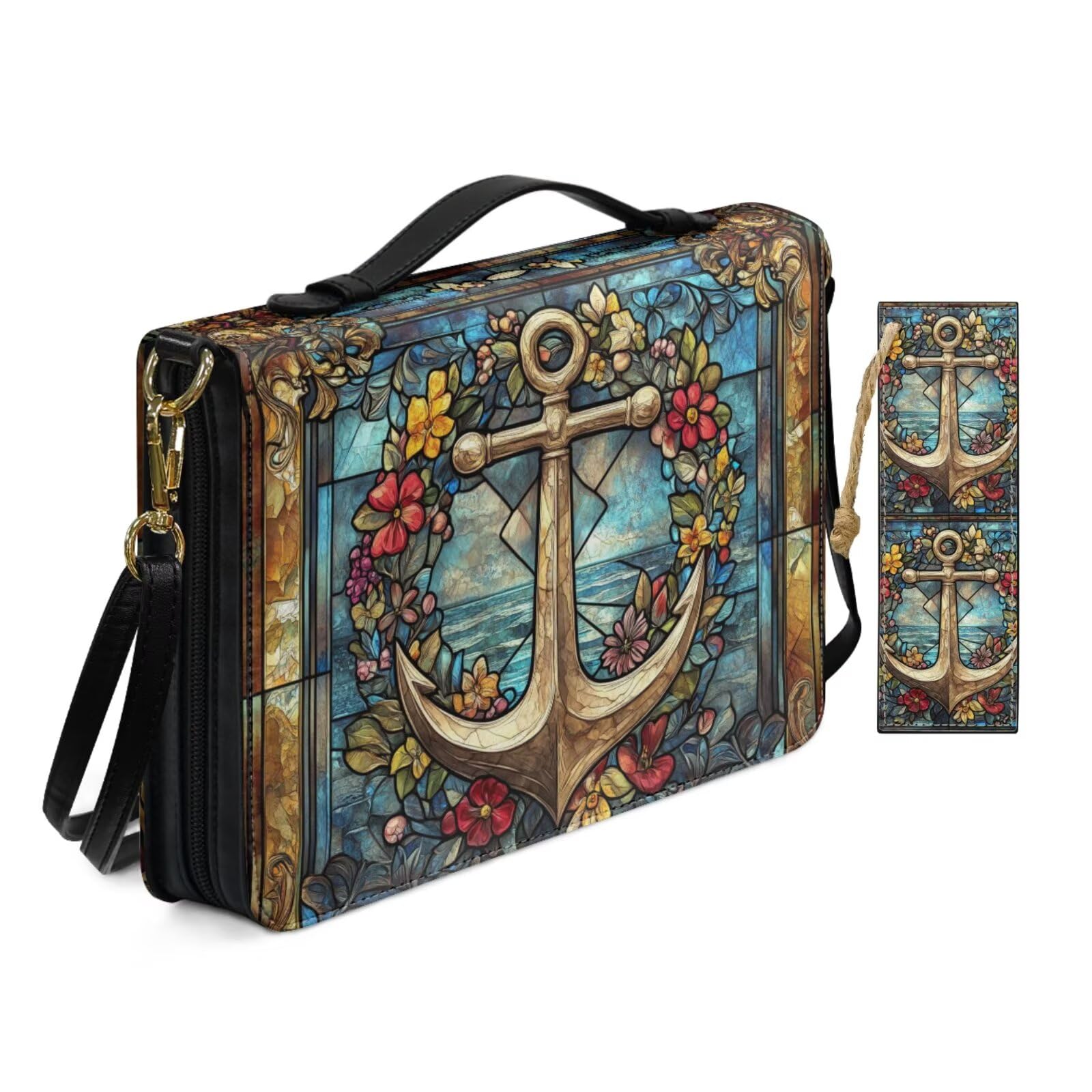 PU Leather Adjustable Shoulder Strap Bible Bags for Women Vintage Floral Cross Anchor Bible Case with Bookmark Crossbody Handle Blue Book Case Pockets Zippered Church Bag