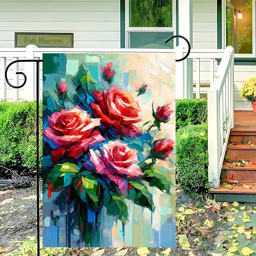 Red Rose Garden Flag 12x18 Oil Painting Art image 2