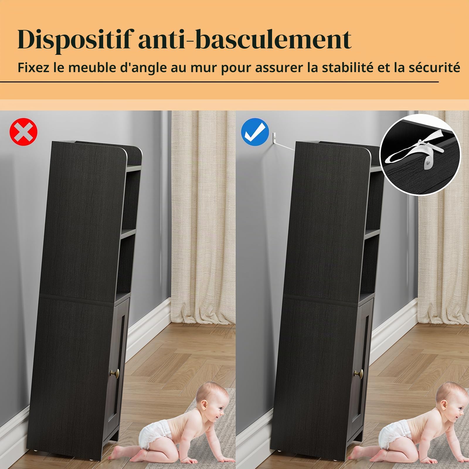 RRX Petite armoire de rangement pour salle de bain, organiseur de salle de bain autonome pour petits espaces, sol d'angle étroit avec porte et étagères, noir