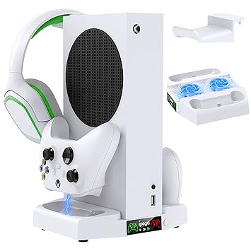 Cooling Stand with Headset Holder Compatible with Xbox Series S , YUANHOT Accessories Cooling Fan Charging Station Dock with Controller Charger and Cooler System - White