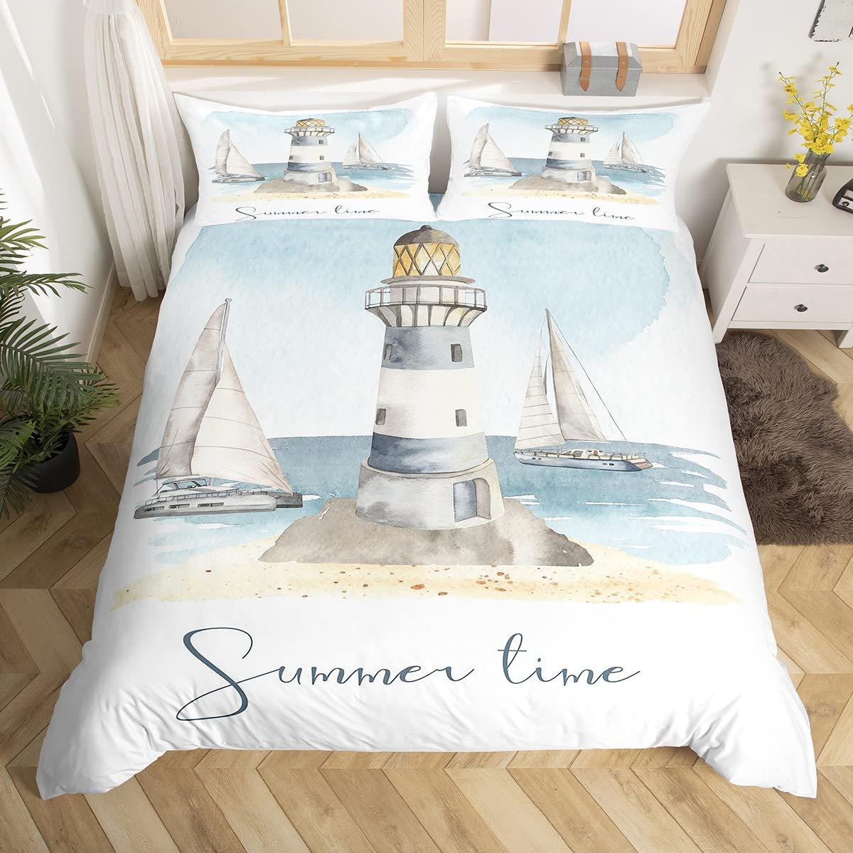 Funda de edredón náutica para velero, funda de edredón con temática oceánica de acuarela, juego de ropa de cama súper King, funda de colcha de verano para playa, decoración de 3 piezas, decoración de