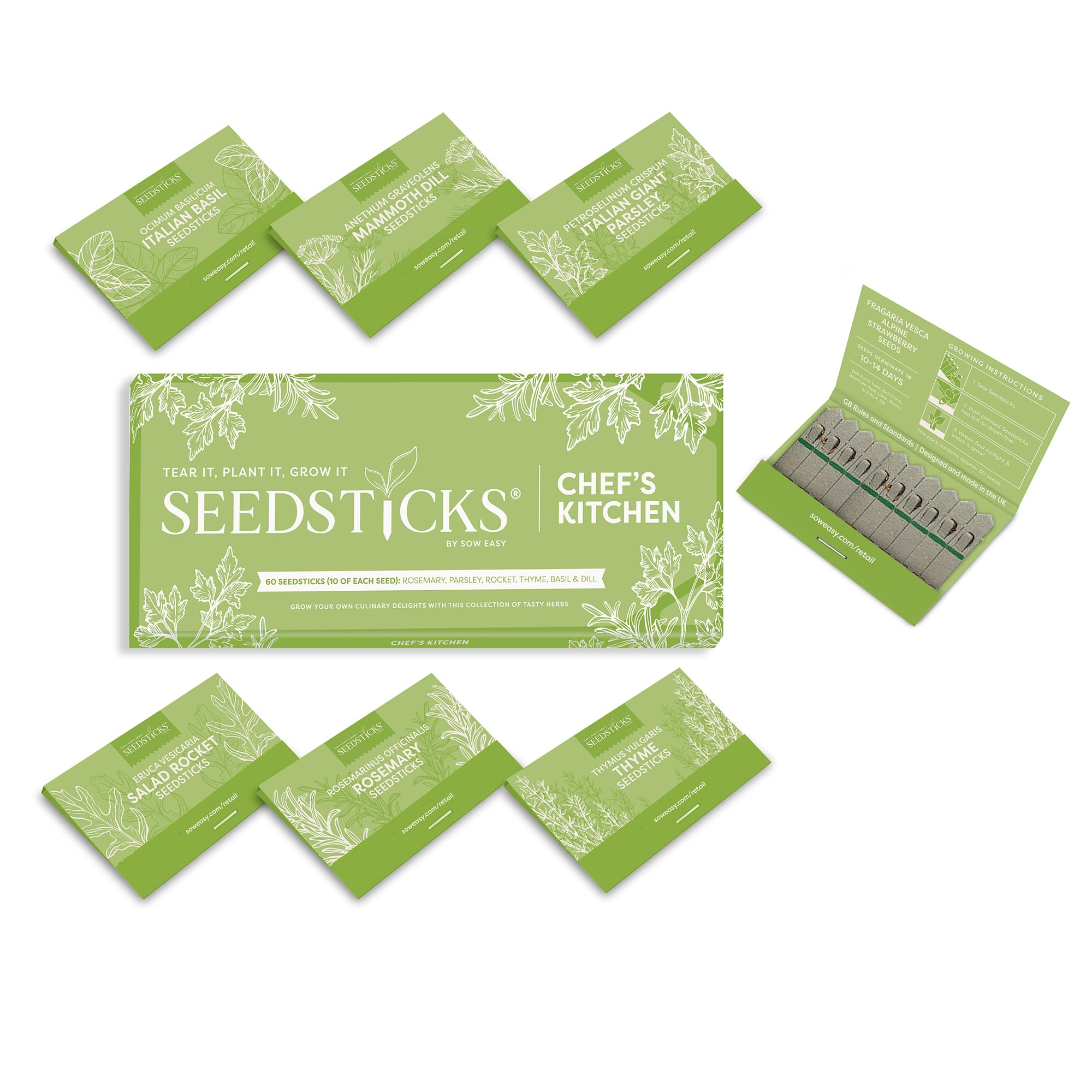 Seedsticks Chef Herb Garden Kit - 6 Culinary Herb Seed Collection - Grow Basil Parsley Rosemary Thyme Dill & Rocket - Tear Plant Grow Indoor Herb Growing Kit