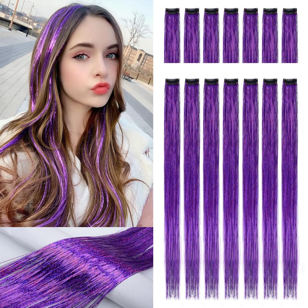 Purple Clip in Hair Tinsel 20 Inch Glitter Fairy Hair Extensions with Clip