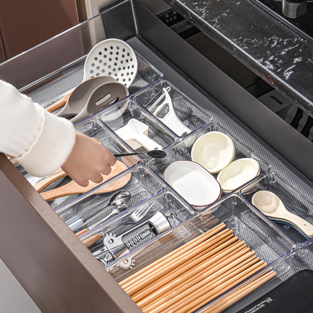 DOITOOL Set da Scrivania 7 Pezzi Organizer Trasparente Scomparti Multipli per Cassetti, Scatole Portaoggetti in Plastica per Casa e Ufficio, per Cancelleria e Accessori