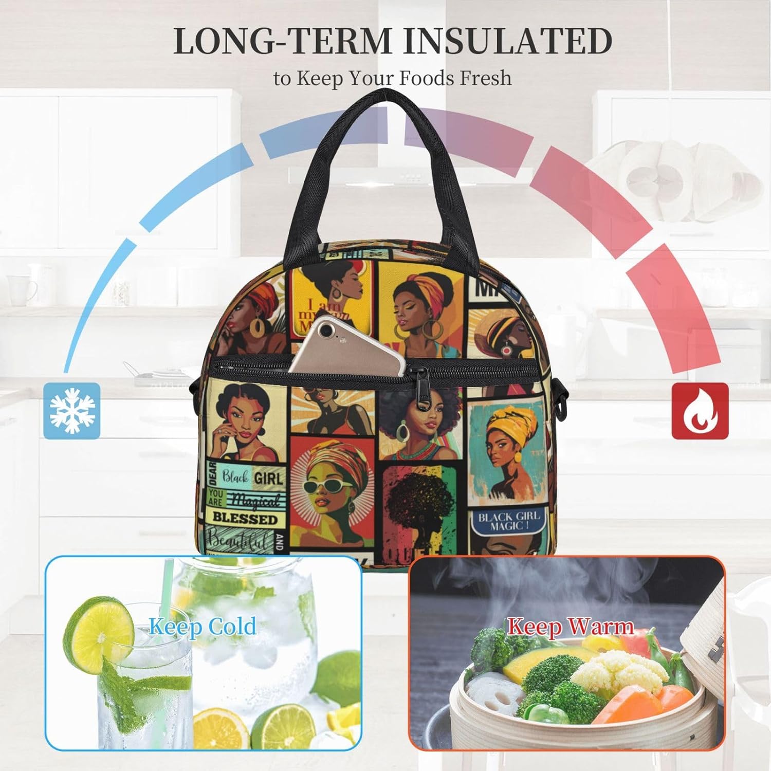 African American Black Women Lunch Bag Vintage Lunch Box Insulated Reusable Lunch Bags For Adult Lunch Boxes Tote Bag For Women With Adjustable Strap For Gifts Office Picnic Travel - Image 6