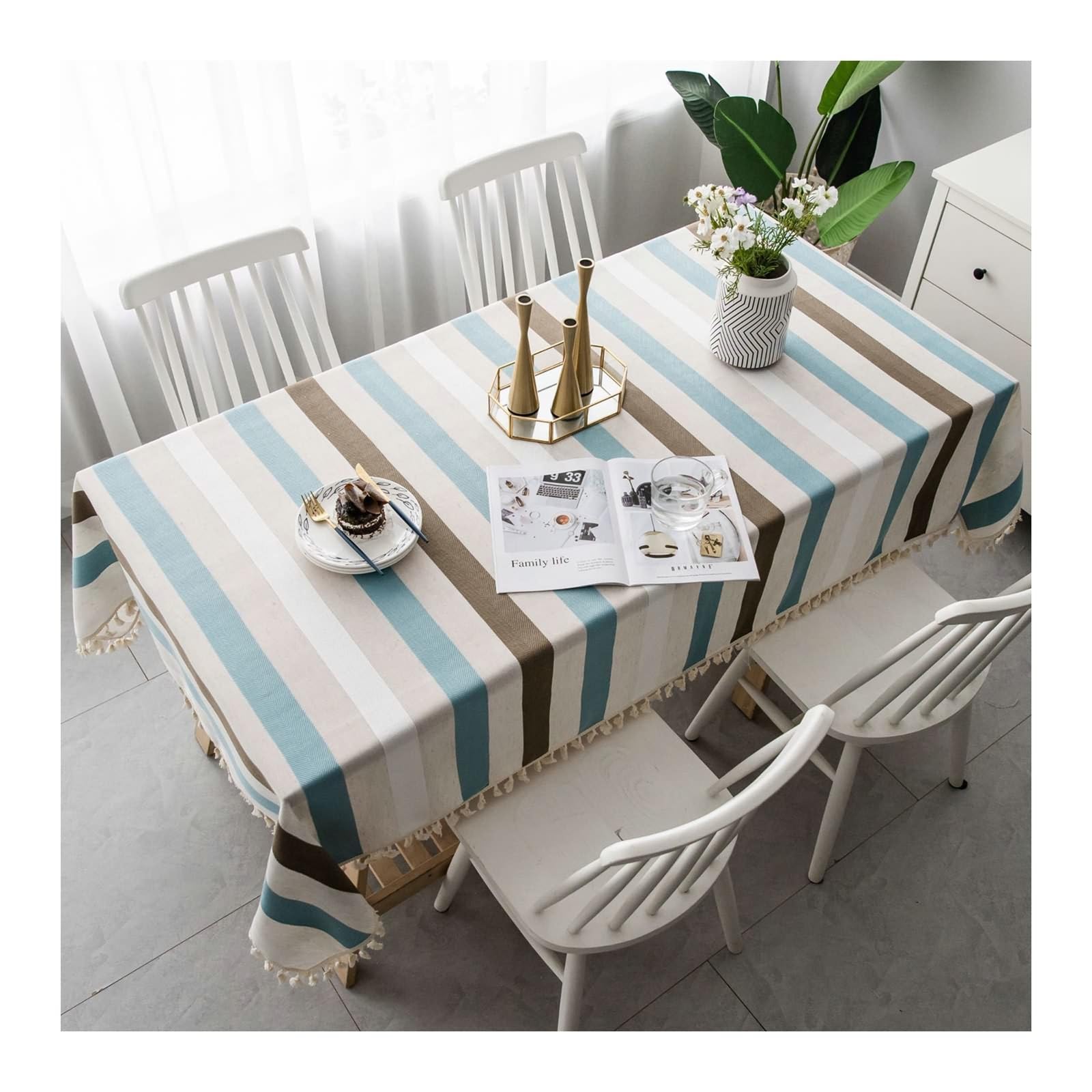 Nappe coton lin rectangulaire 60x60 cm beige bleu café avec pompons modernes