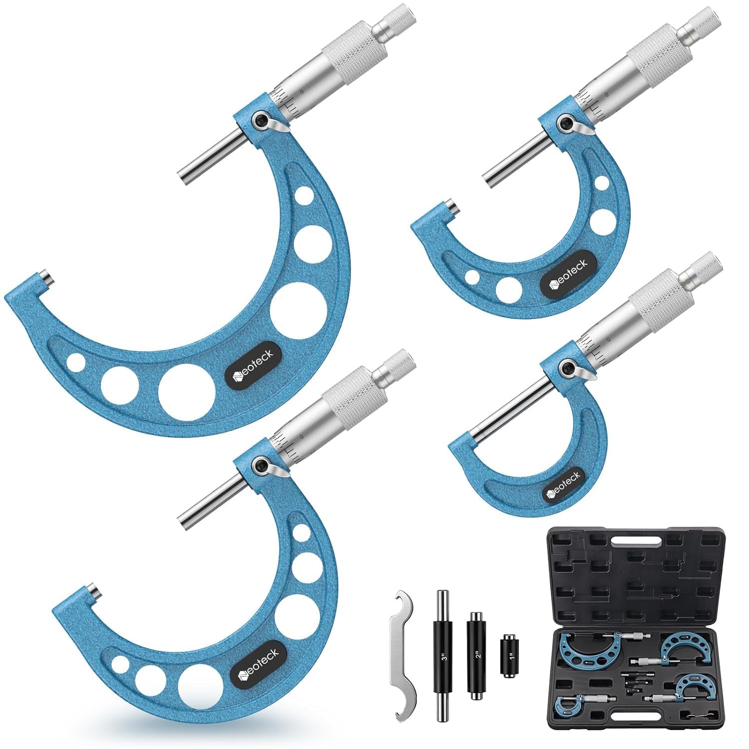 Neoteck Mechaniczny mikrometr zewnętrzny 0-100 mm - 4-częściowy zestaw 0-25/25-50/50-75/75-100 mm dokładność 0,01 mm z grzechotką, ścianki z węglika, etapy 25/50/75 mm - do obróbki i profesjonalnego