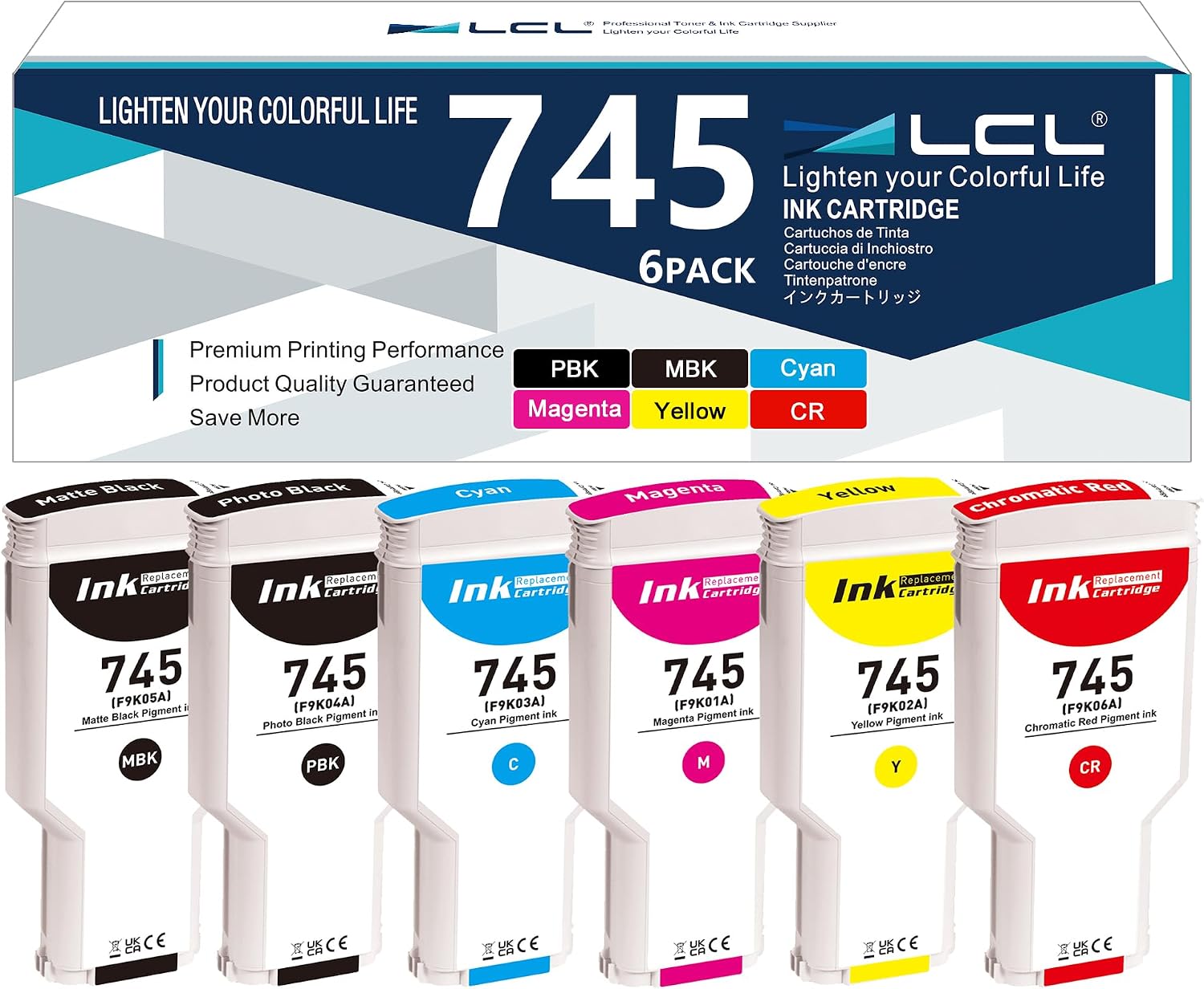 LCL 745 Ink Cartridge 300ml High Capacity Replacement for HP 745 Ink Cartridge 745 XL F9K06A F9K05A F9K04A F9K03A F9K02A F9K01A for DesignJet Z2600 Z5600 Postscript Printers (6-Pack MBK/PBK/C/M/Y/R)