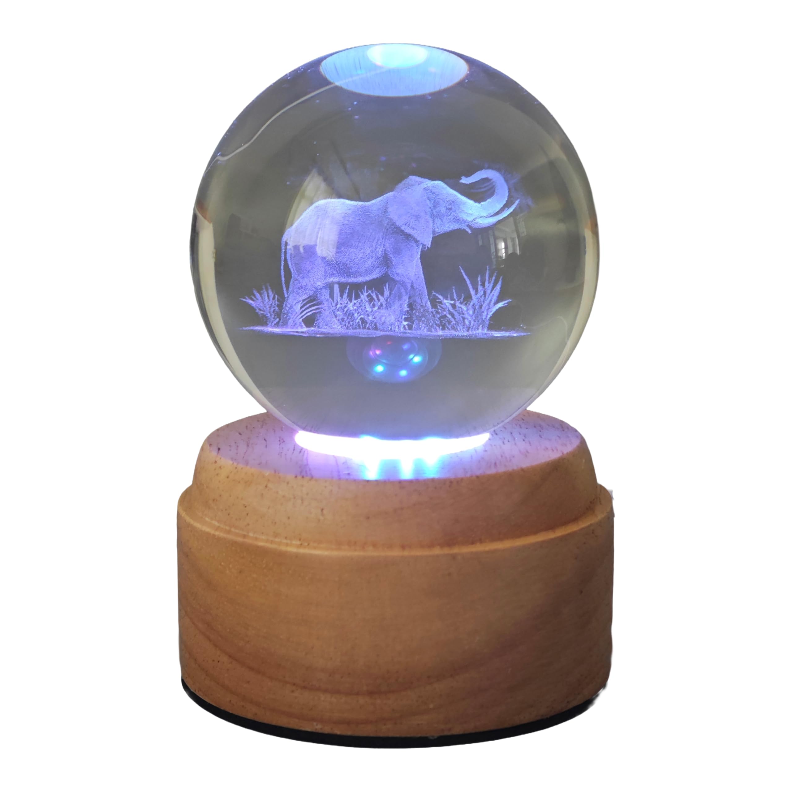 Creative Touch Elephant Rotating 3D Crystal Globe Light, Colour Changing LED USB Powered Mood Lamp with Real Wood Base, 12cm Desk & Bedside Decorative Light