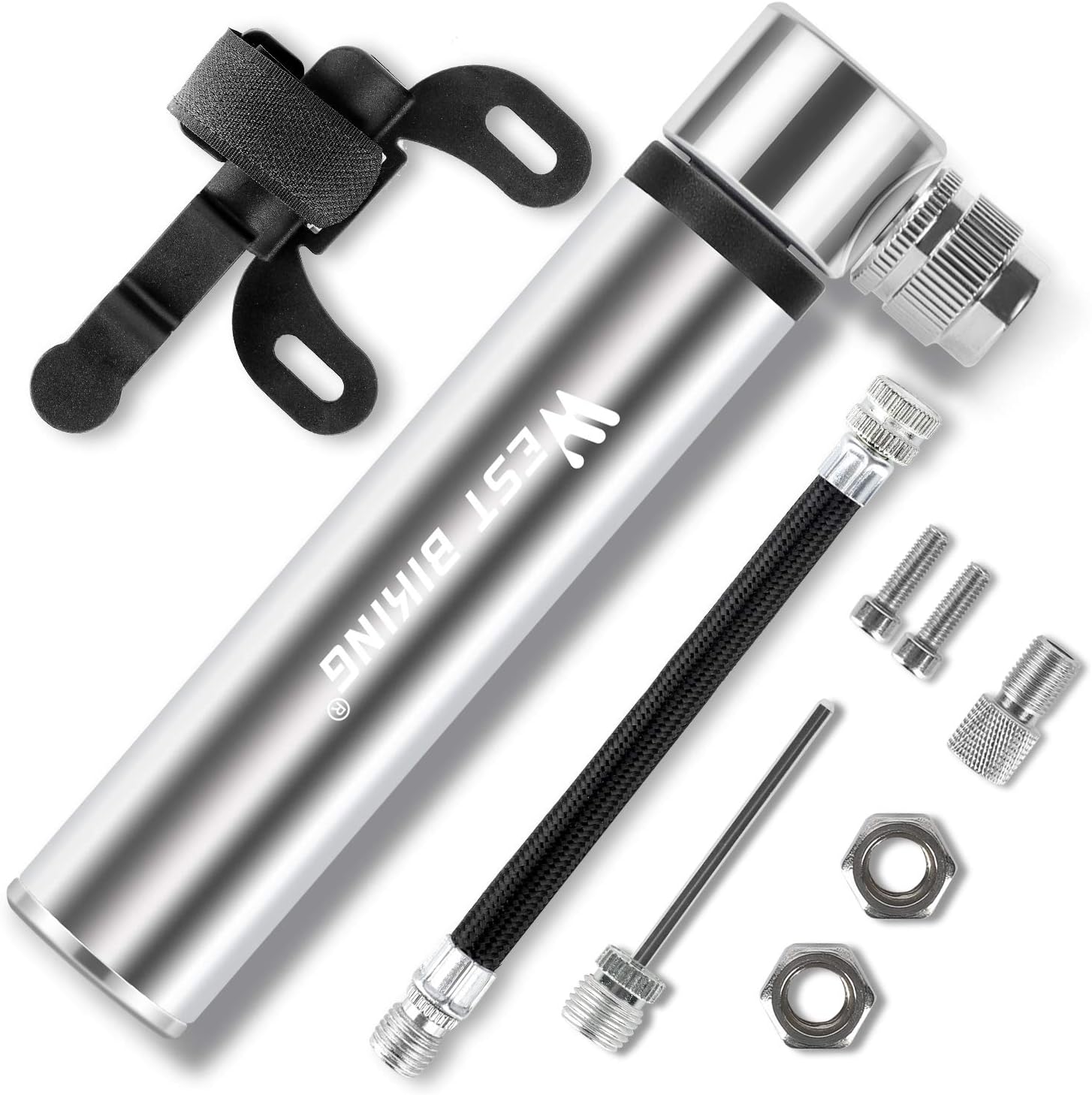 ICOCOPRO Mini Bike Pump - 120PSI - Fits Presta & Schrader - Portable Pocket Bicycle Tire Pump for Road, Mountain and BMX Bikes,Includes Mount Kit-Silver