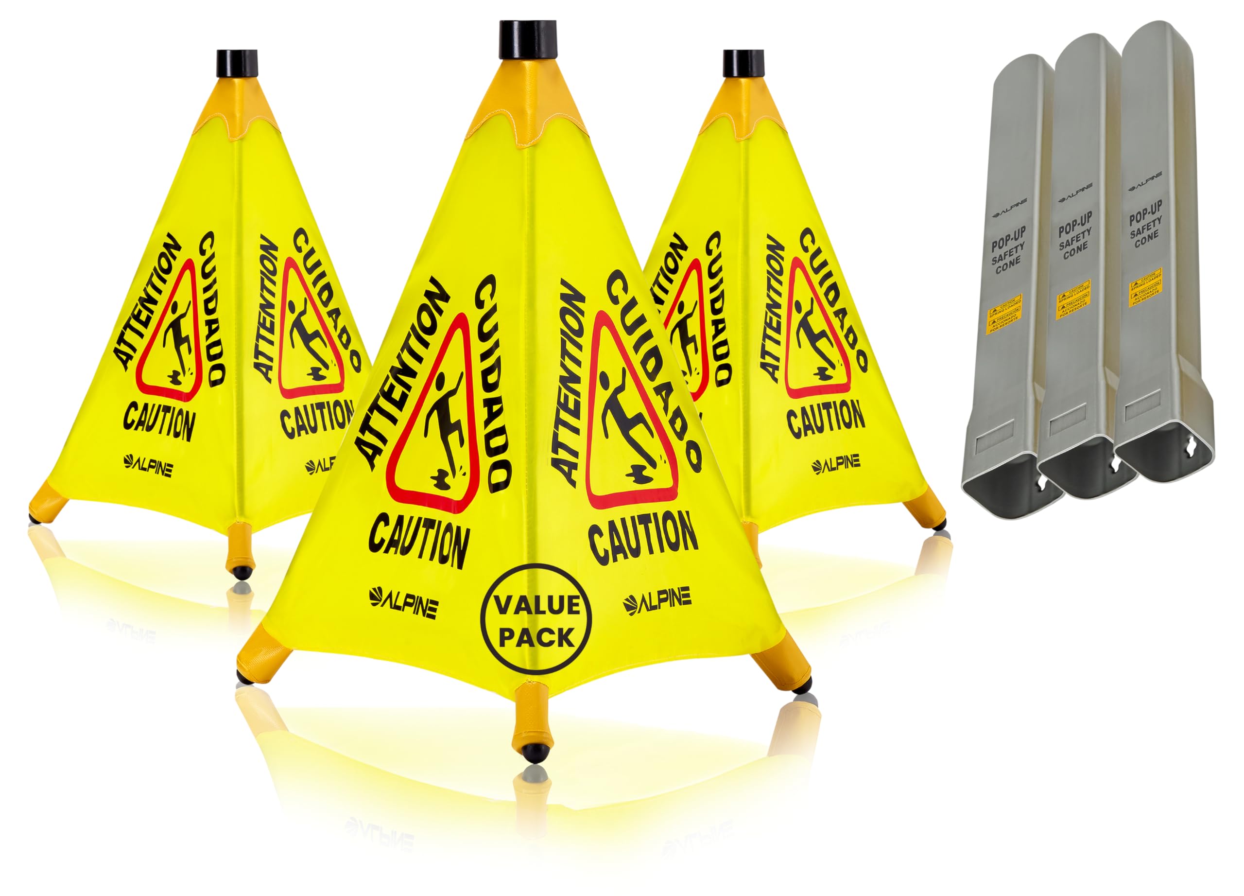 Alpine Caution Wet Floor Sign 3 Pack - Pop Up Slippery When Wet Sign, Wall Mounted Foldable Bilingual Yellow Safety Warning Caution Cone for