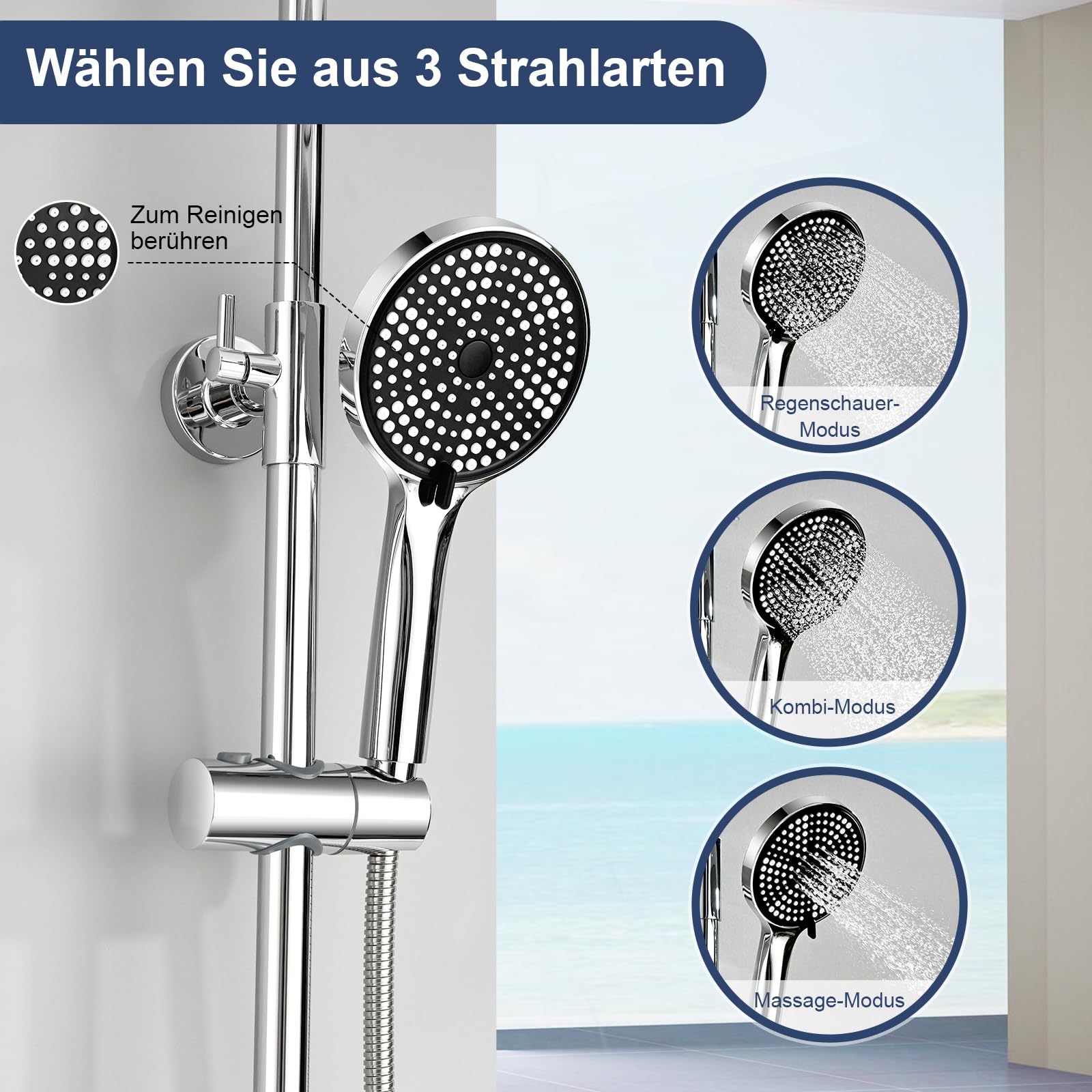 Duschsystem mit Thermostat Edelstahl Regendusche 25cm Handbrause 3 Strahlarten Duscharmatur Komplettset Höhenverstellbar mit Anti-Verbrühungsschutz Wassersparend Einfach Installieren