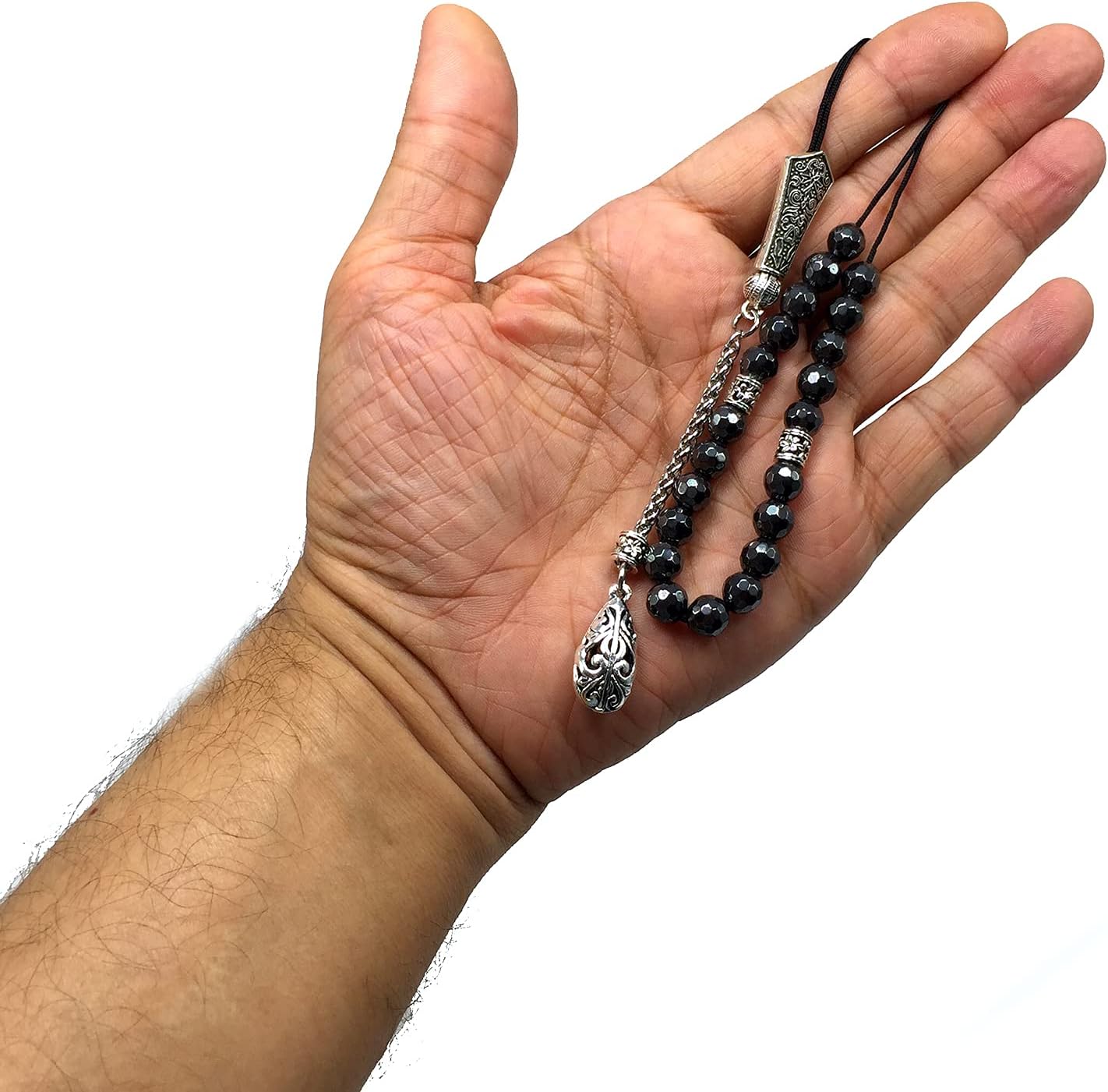 Design - Greek KOMBOLOI Series Worry Beads Begleri Pony Anxiety Beads Rosary Relaxation Stress Relief (Black Hematite Faceted Beads & Bracelet- 8 mm, 21 Beads)
