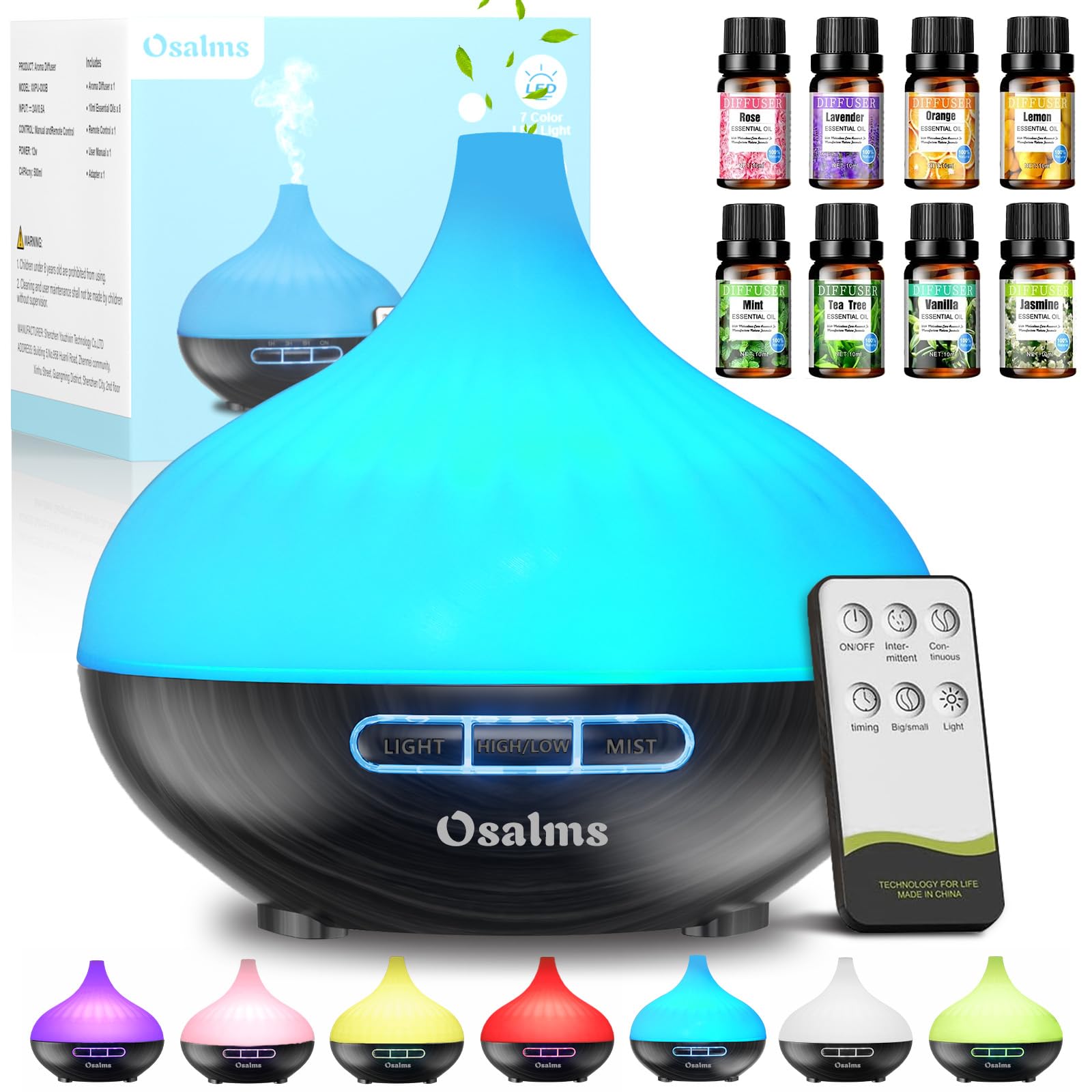 Mrs. Jones Geurverspreider 500 ml Aromaverspreider voor Geuroliën 7 Kleuren LED met 3