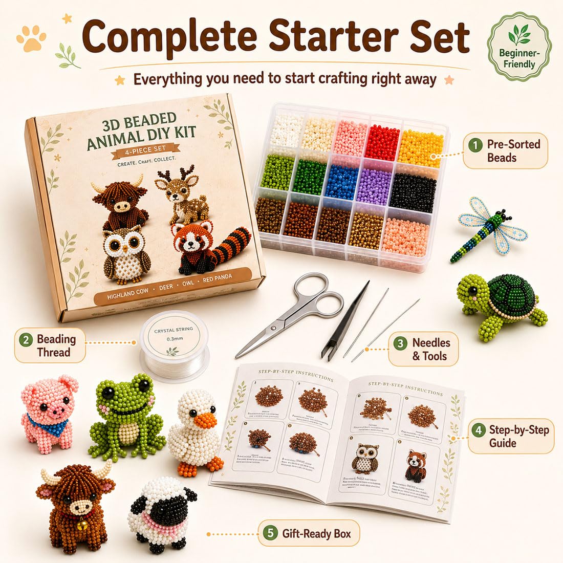 Liocwocne Tiny 3D Beaded Animal DIY Kit, Cute Bird and Animals Bead Making Set with Instructions, Handmade Beadwork Embroidery Art Craft Kits, Creative Jewelry Gift for Adults Teens (E)