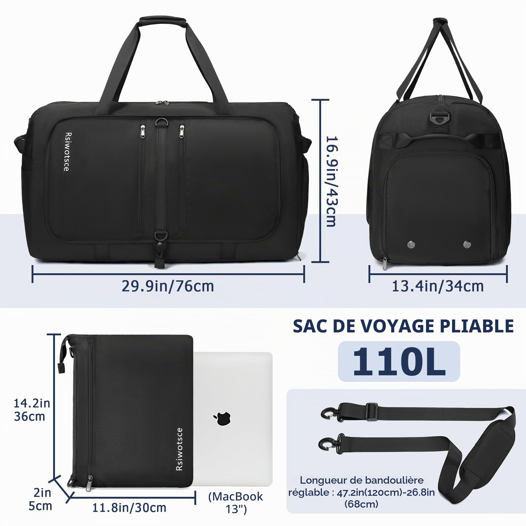 Sac de Voyage Pliable 110L Grande Capacité - Valise de Stockage 76x34x43 cm- Sac Week-End Imperméable Sport/Famille - Polyester Renforcé Léger pour Vacances Longues (Noir)