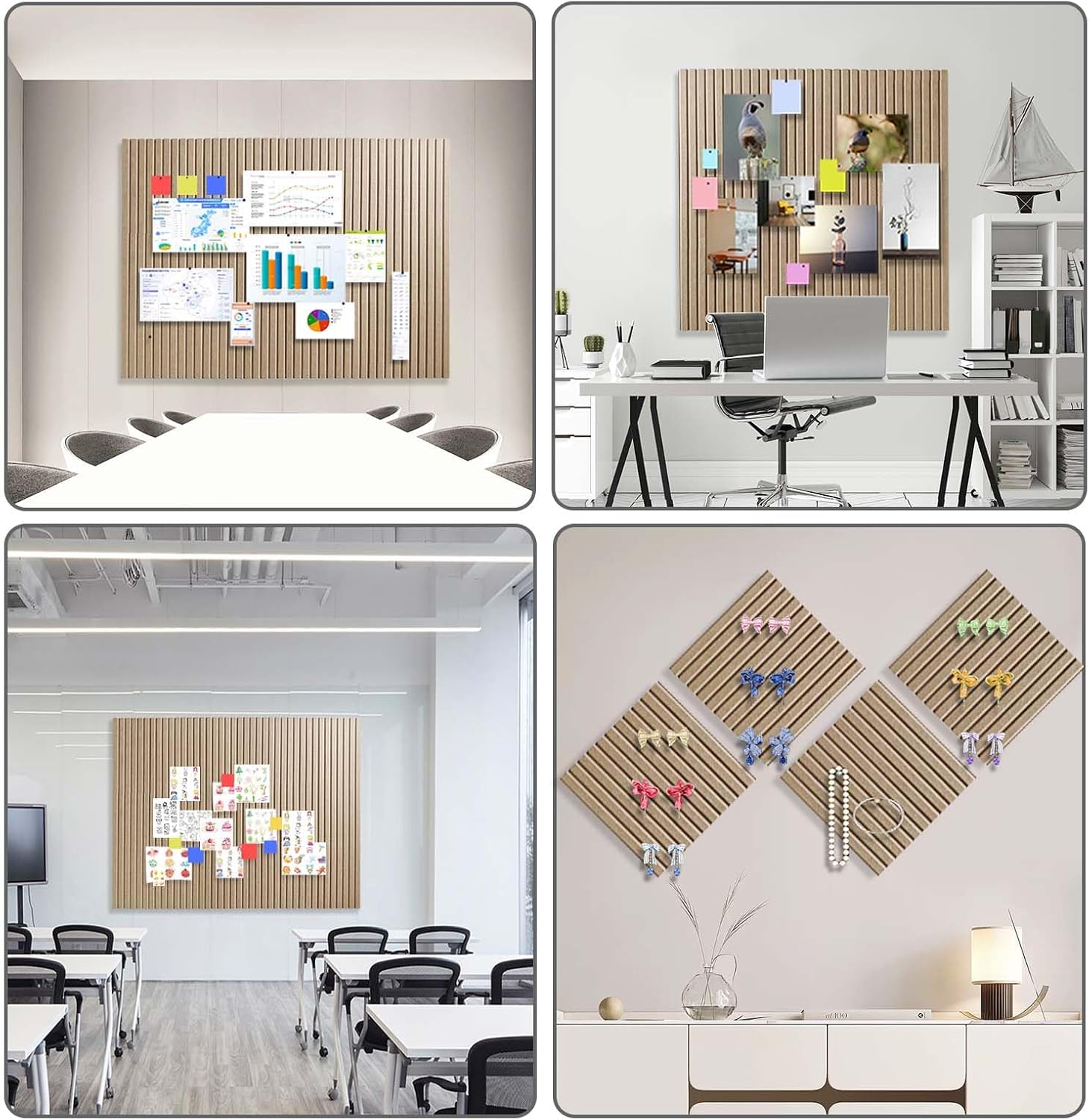 Large Cork Boards for Walls 48"x 36" - 1/2” Thick Bulletin Board, 12 Pack Felt Wall Tiles with Slat Wall Paneling, Pin Board Cork Boards Office - Tan