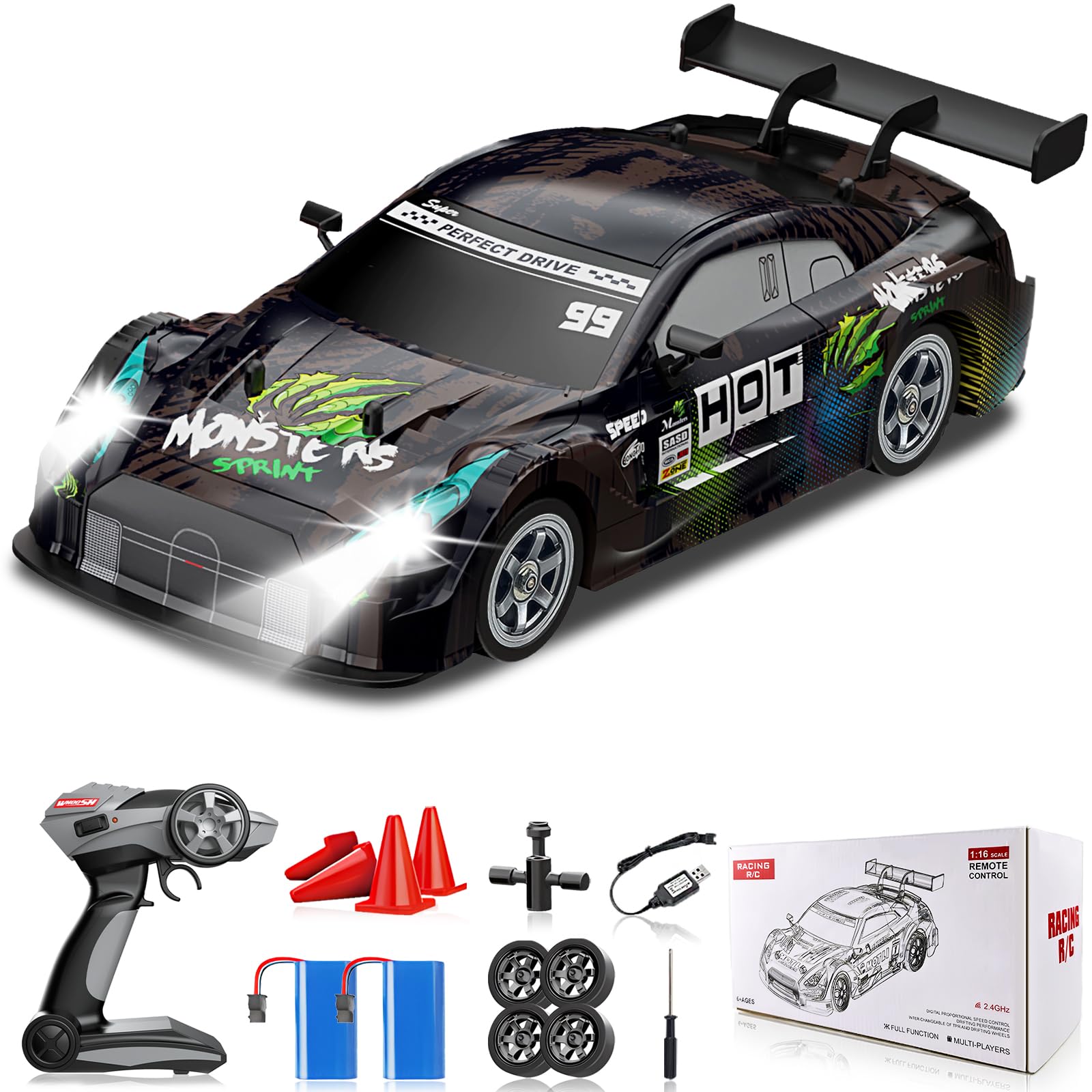 Sakeye RC Drift Car, 1/16 Drifting RC Car 4WD 2.4GHz High Speed RC Cars for Adults Fast Remote Control Cars Racing Vehicle with Lights Rechargeable Batteries Drifting Tire for Kids Boys