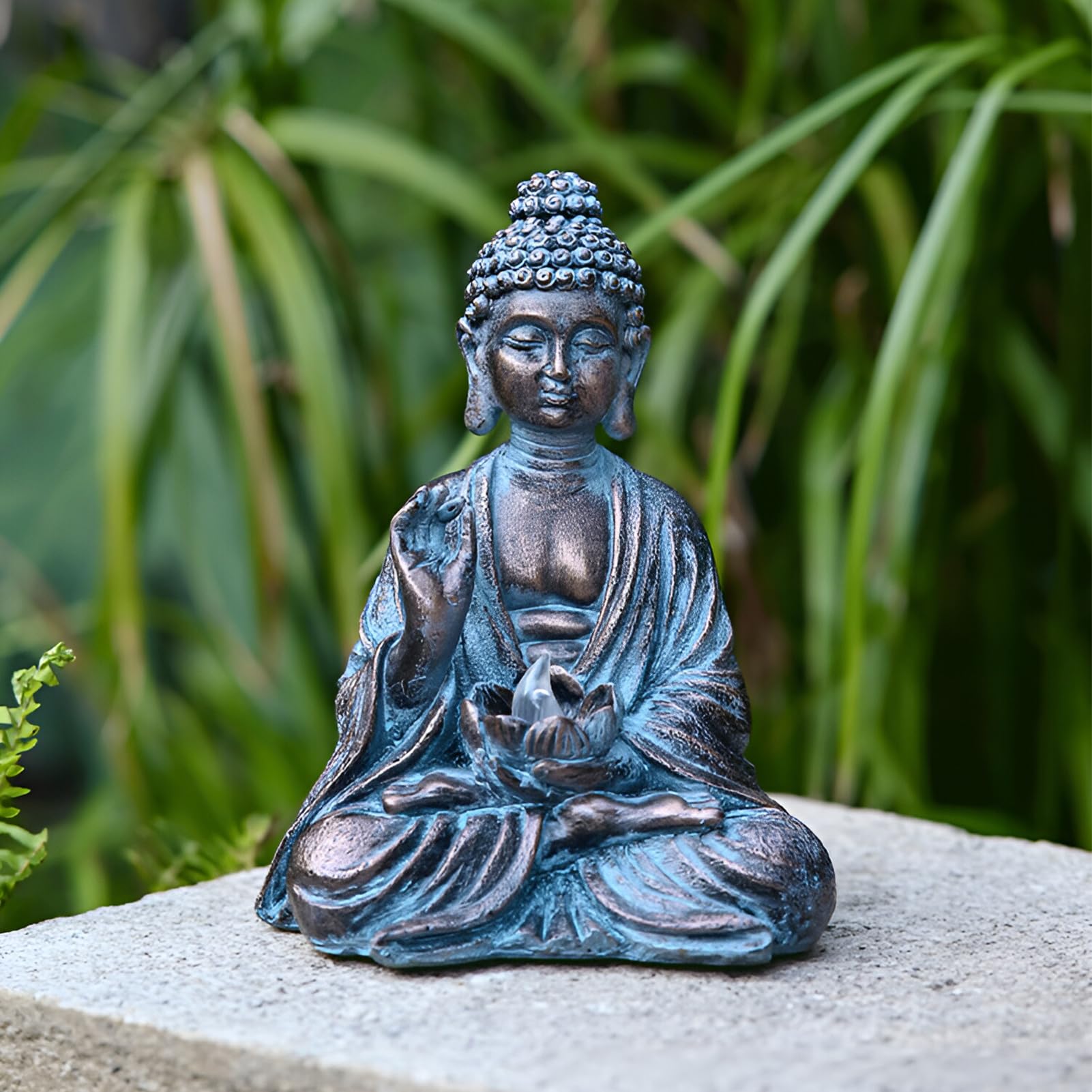 Buddha da giardino con luci a LED di loto, statua Zen in resina, decorazione cortile, terrazza, davanzale