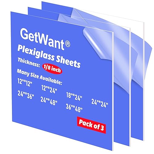 GetWant Lámina acrílica transparente de 24 x 36 pulgadas de grosor de 18 de pulgada de grosor, paquete de 3 hojas de plexiglás de 24 x 36 pulgadas