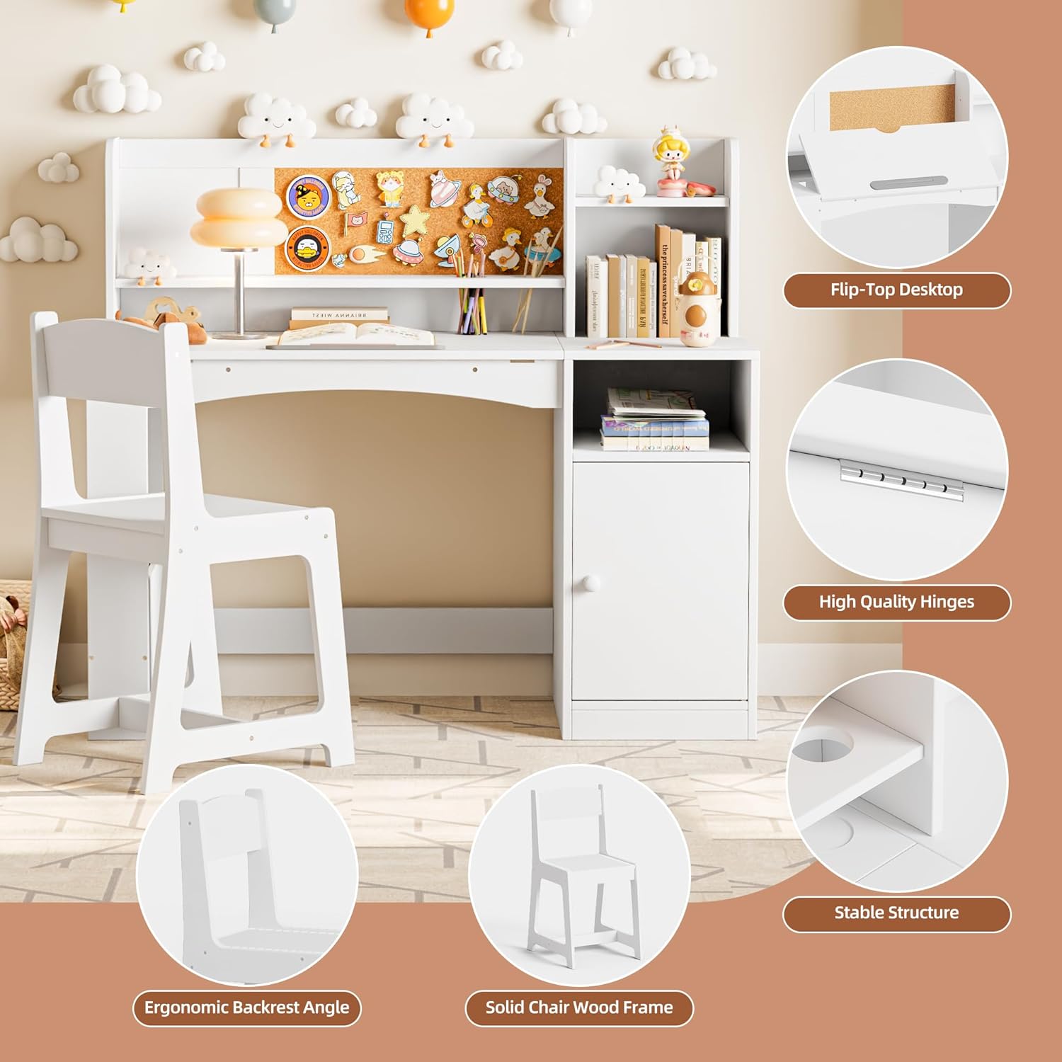 Betterhood 43 in Kids Study Desk with Chair, Tiltable Desktop Kids Desk and Chair Set with Hutch Storage, Wooden Children Study Table for 5-12 Years Old, Student Writing Desk for Bedroom (White)