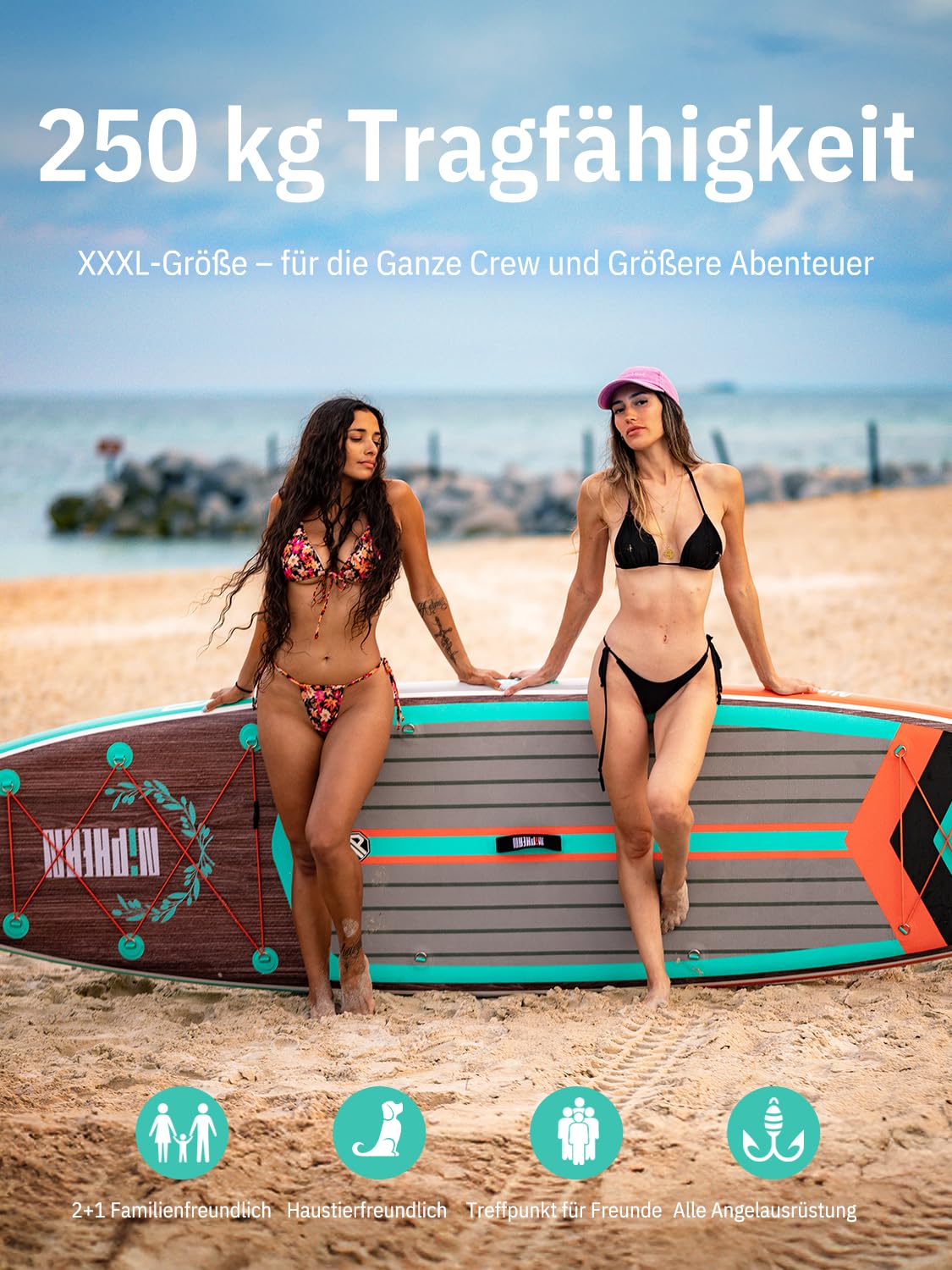 Niphean (Extra Groß) Stand Up Paddling Board, SUP für 2+1 Personen/Familien, SUP Board mit (Anfängergeeignet) StabilTrac Finne, Wasserdichte Handyhülle, Stand Up Paddle Board for Adults, Geschenkideen