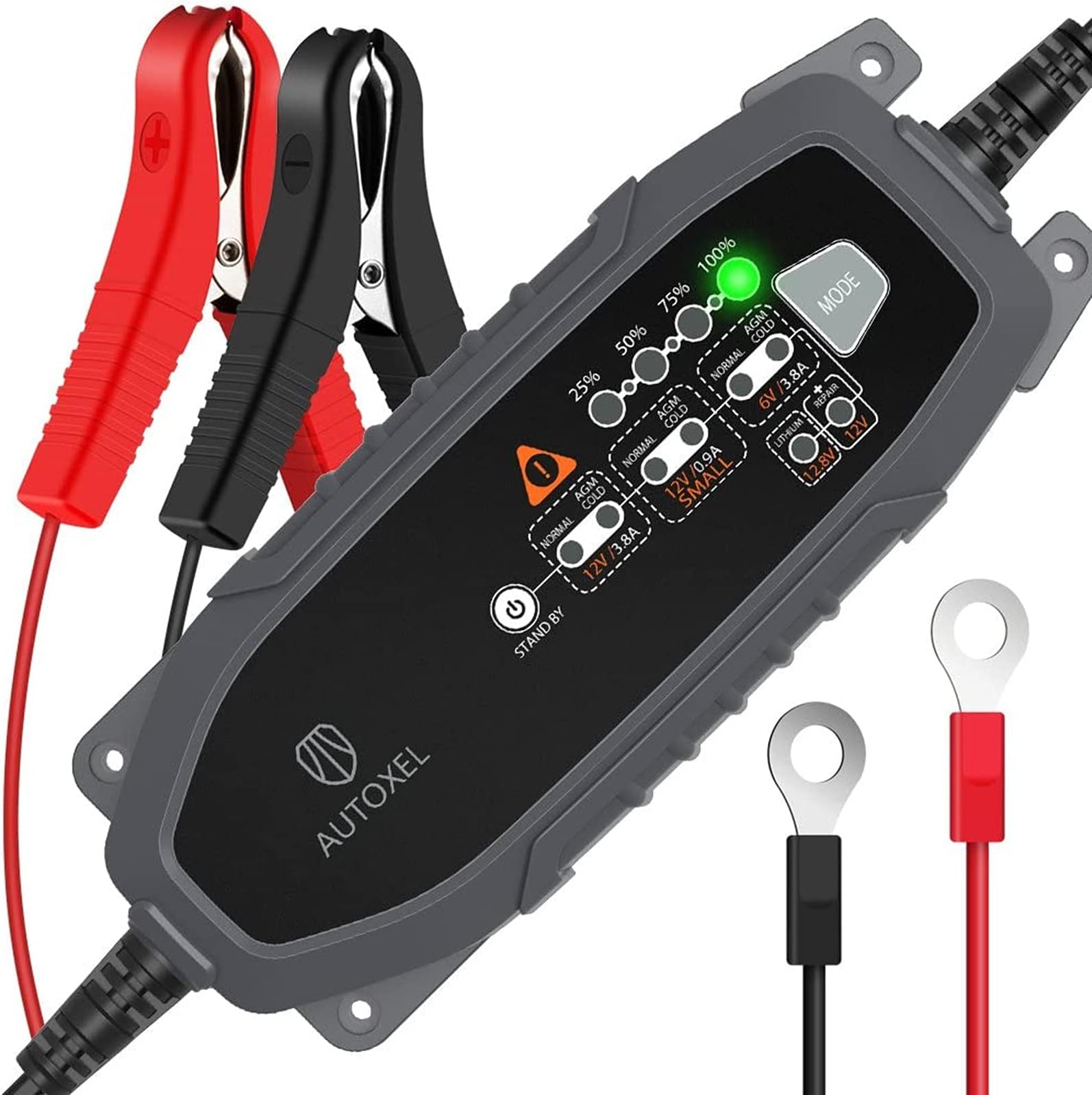 Car Battery Charger and Maintainer 3.8A 6V 12V Intelligent Household Automotive Charger with 8 Modes for 12V LiFePO4 / Lead-acid Battery of Wet/GEL/MF/CA/EFB/AGM/VRLA