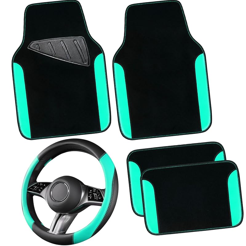 CAR PASS Capa para Volante em Couro Sintético com Tapetes Automotivos Preto e Verde-Menta para Carros, SUVs, Vans e Caminhões, Kit com 5 peças