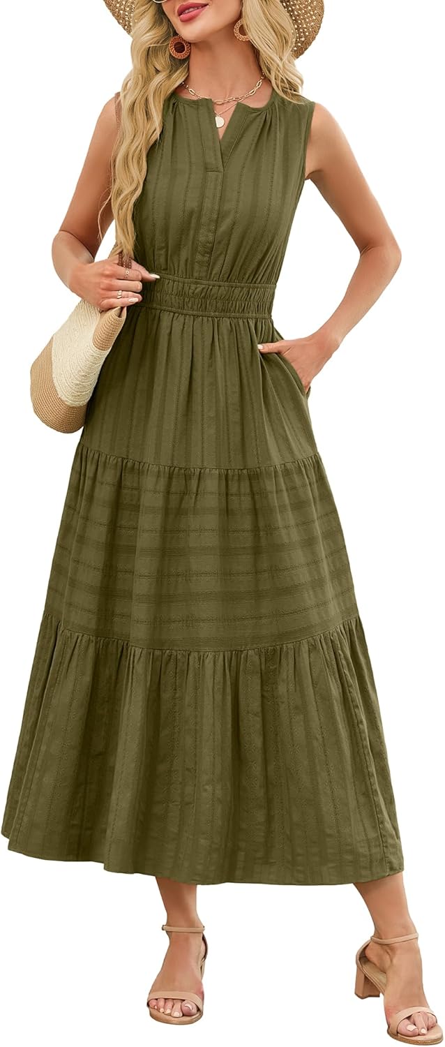 Funlingo Summer Maxi Dresses for Women Casual Sleeveless V Neck Elastic Waist Midi Wedding Guest Beach Dress with Pockets