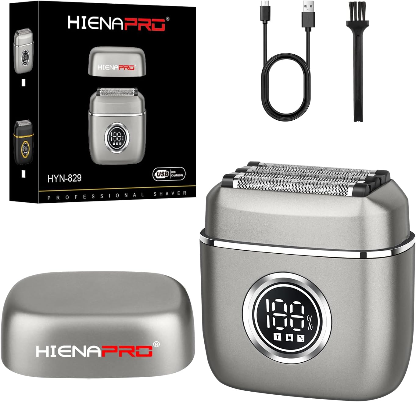 HIENA PRO Men's Electric Foil Shaver - USB-C Rechargeable, IPX7 Waterproof, Pocket-Sized with LED Display for Travel & Home (Gray)