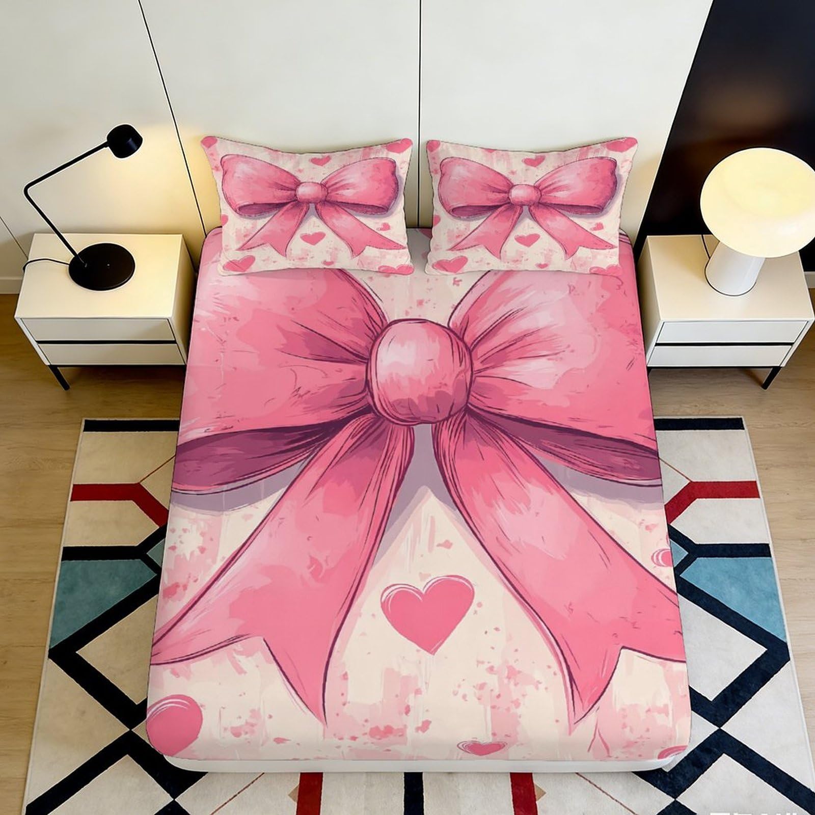 Pnayamiorkfel Style-7 3D Printed Pink Bow Heart Fitted Sheet Microfiber Non Slip Bed Cover For Bedroom Guest Room Easy Wash Decor 90X200x25cm