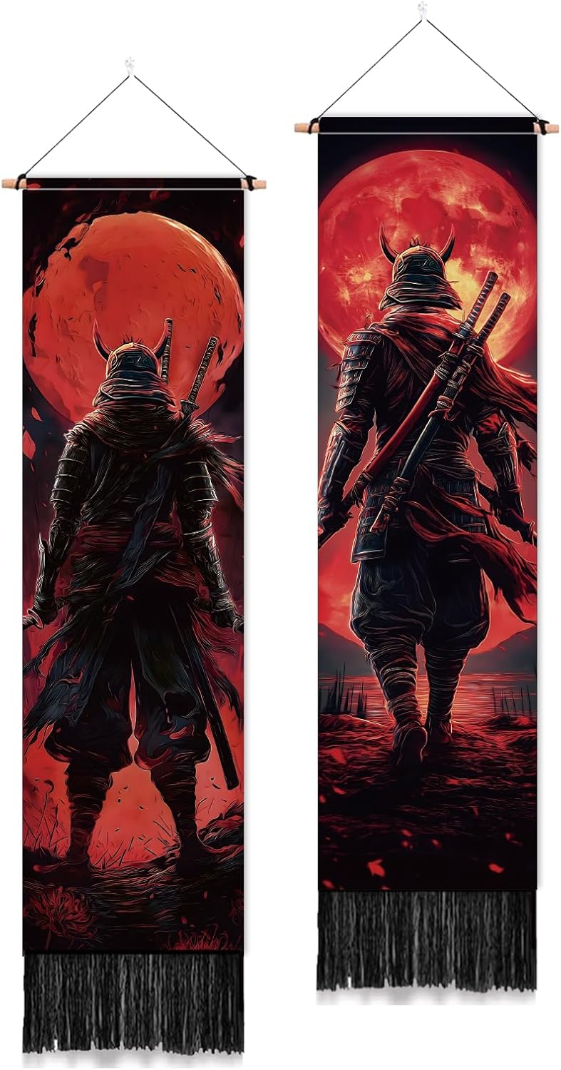 PLIGREAT Pack of 2 Japanese Fan Style Wall Tapestry, Retro Floral Long Vertical Tapestry Aesthetic Wall Hanging with Tassels for Bedroom Living Room Bathroom Home Art Decor Housewarming Gift