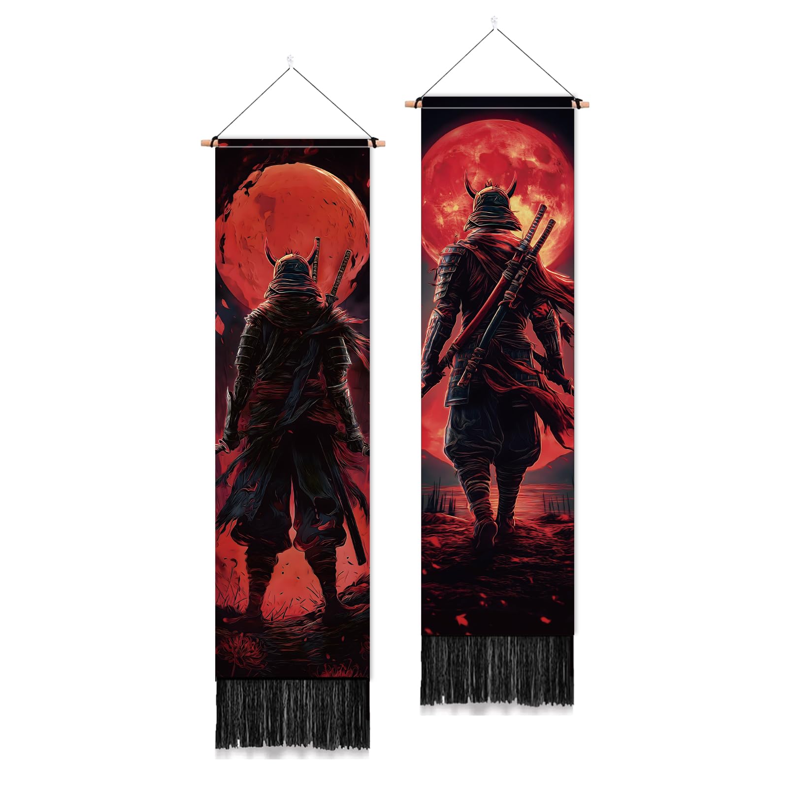 PLIGREAT 2 Pack Japan Samurai Wall Tapestry Japanese Style Vertical Wall Hanging with Tassels Decorative Aesthetic Long Tapestry for Bedroom Living Room Home Decorations, 130 x 33cm