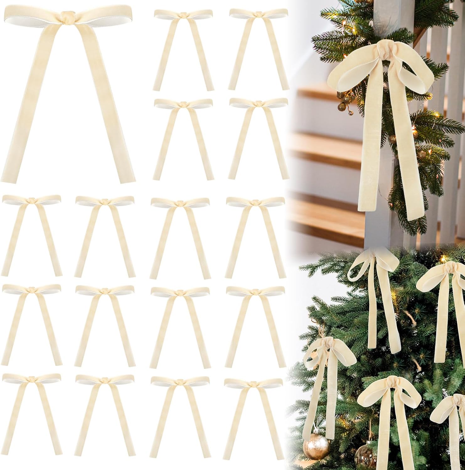 24 pcs velvet bows christmas tree ornaments vintage velvet ribbon bows for tree garland wreath indoor xmas decorations(5 x 7 inch, width of 5/8",beige) beige 5 x 7 inch, width of 5/8"