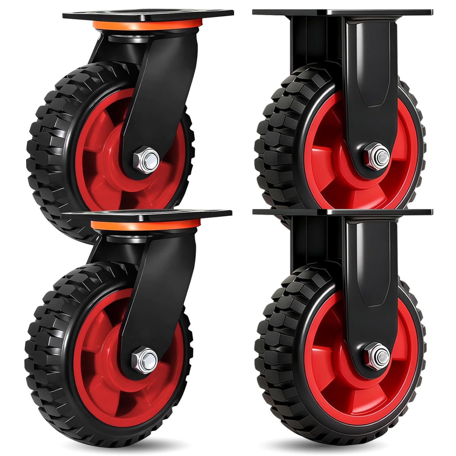 6 Inch Caster Wheels(2 Swivel & 2 Fixed), Heavy Duty Swivel Plate Casters with Rubber Knobby Tread for Workbench, Dolly, Cart, Trolley, Wagon and Chicken Coop, Large Rubber Castor Wheels,