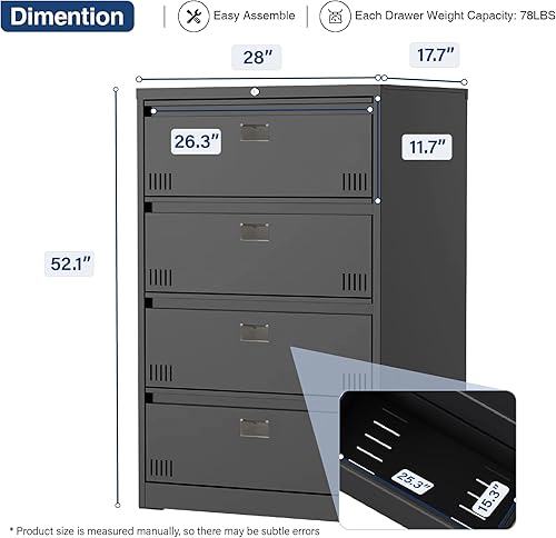 Miniatura 3 de Petonline Archivador lateral de metal para oficina en casa, archivador lateral de 4 cajones con cerradura, archivador horizontal de metal con ranura