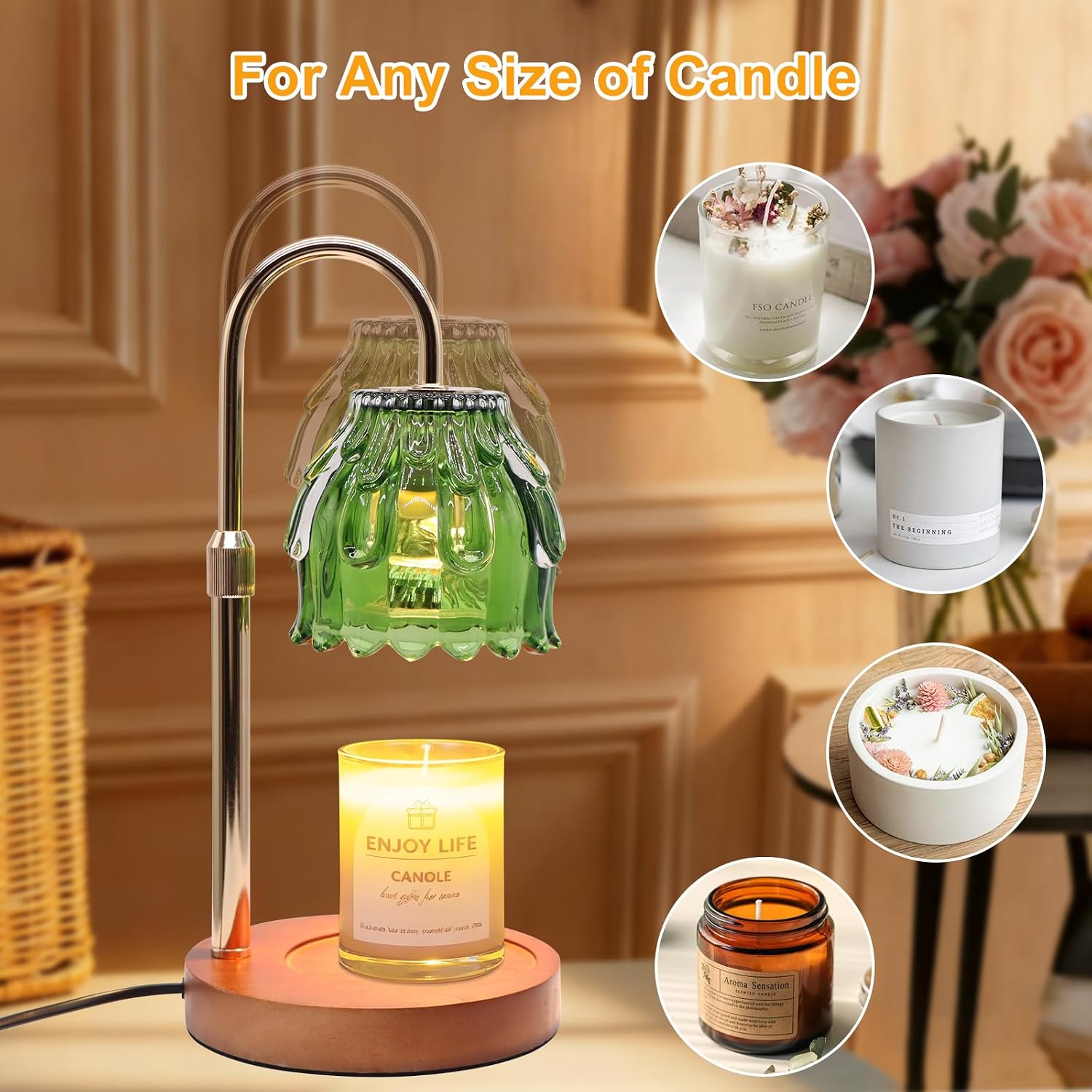 Candle Warmer Lamp with Timer and Dimmer 4-Level Dimmable Flower Light Heat Lamp for Jar Candles Adjustable Height Modern Cute Home Decor for Living Room Bedroom and Best Gift for Friends Lover. Green image 4