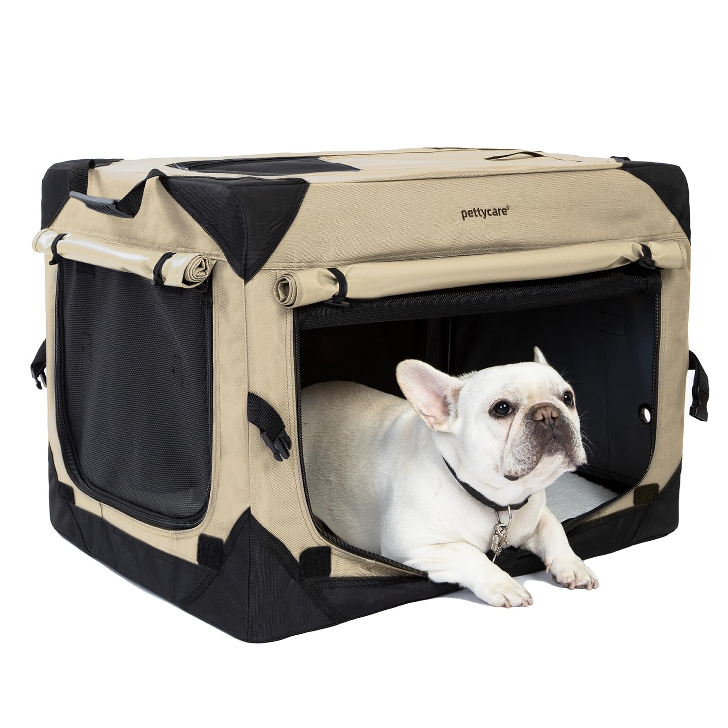 26 Inch Collapsible Dog Crate with Curtains, Travel Dog Crate for Airflow and Calm, Soft Pet Dog Kennel with Portable Bag and More Chew Proof Mesh, Indoor & Outdoor, Beige+4 Door Curtains