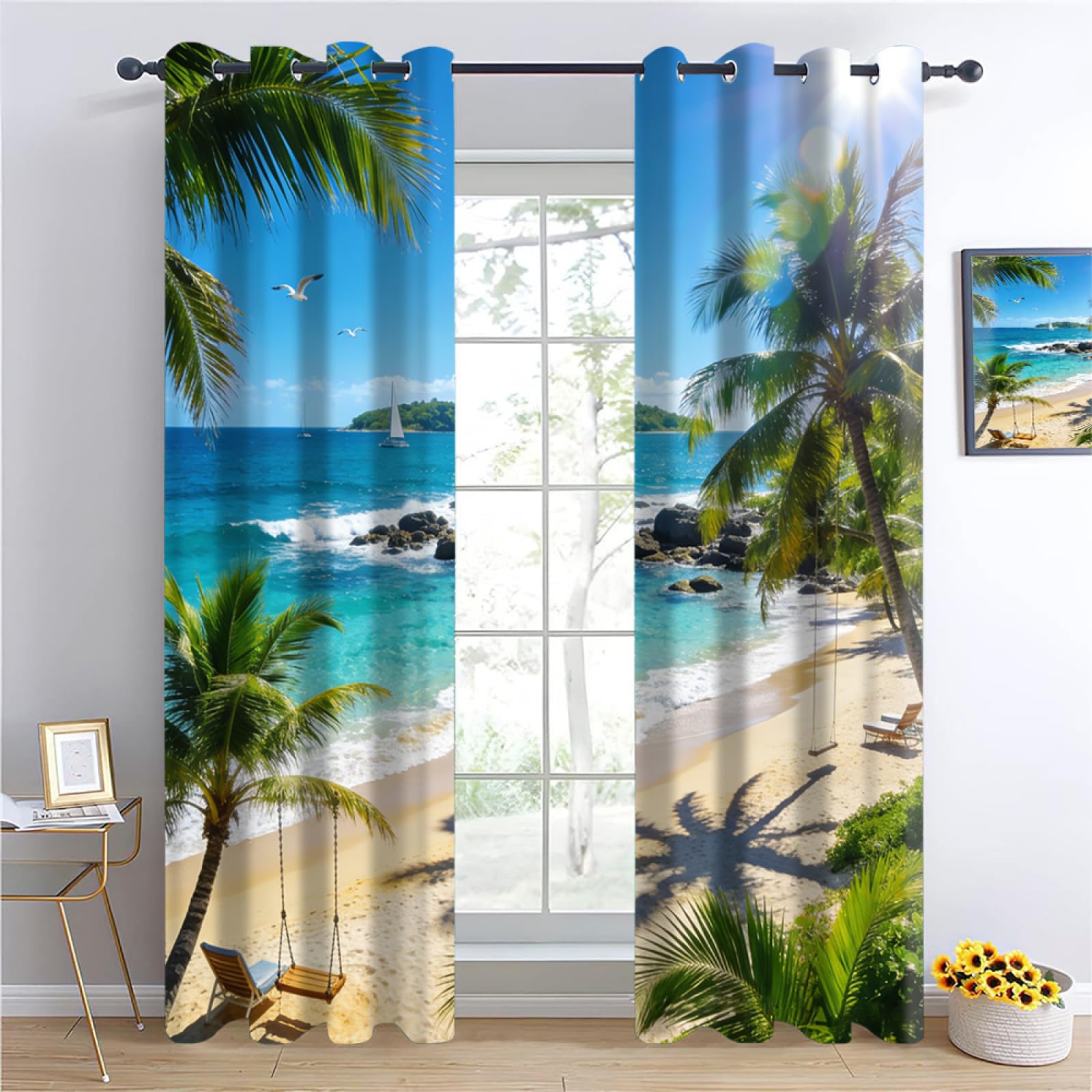YNIOFU beach Insulated Blackout Curtains,coconut trees Bedroom Curtains, Holiday Beach Drapes for Kids Nursery, Tropical scenery Living Room Printed Noise Reducing W96 x L183cm 2 Panels