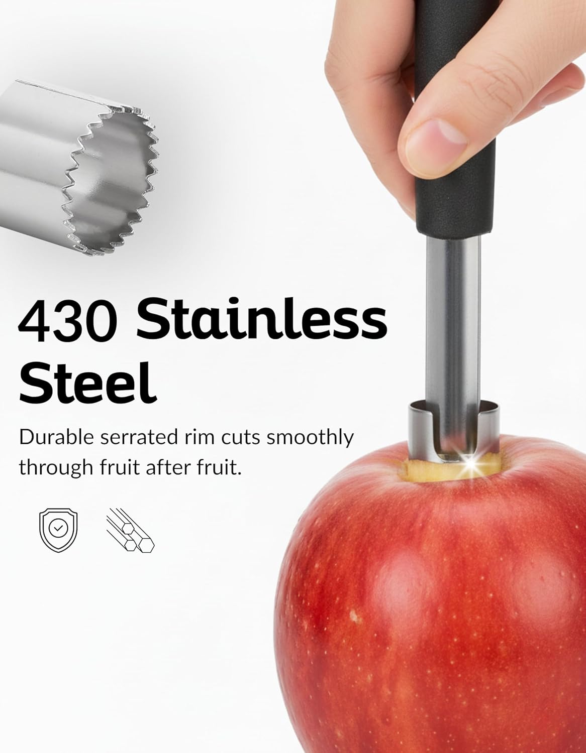 Stainless Steel Apple Corer Tool 4 Pack, Premium Fruit Core Remover Set with Serrated Blade and Ergonomic Non-Slip Handle for Apples, Pears, Peaches, Bell Peppers, Cupcakes, Dishwasher Safe