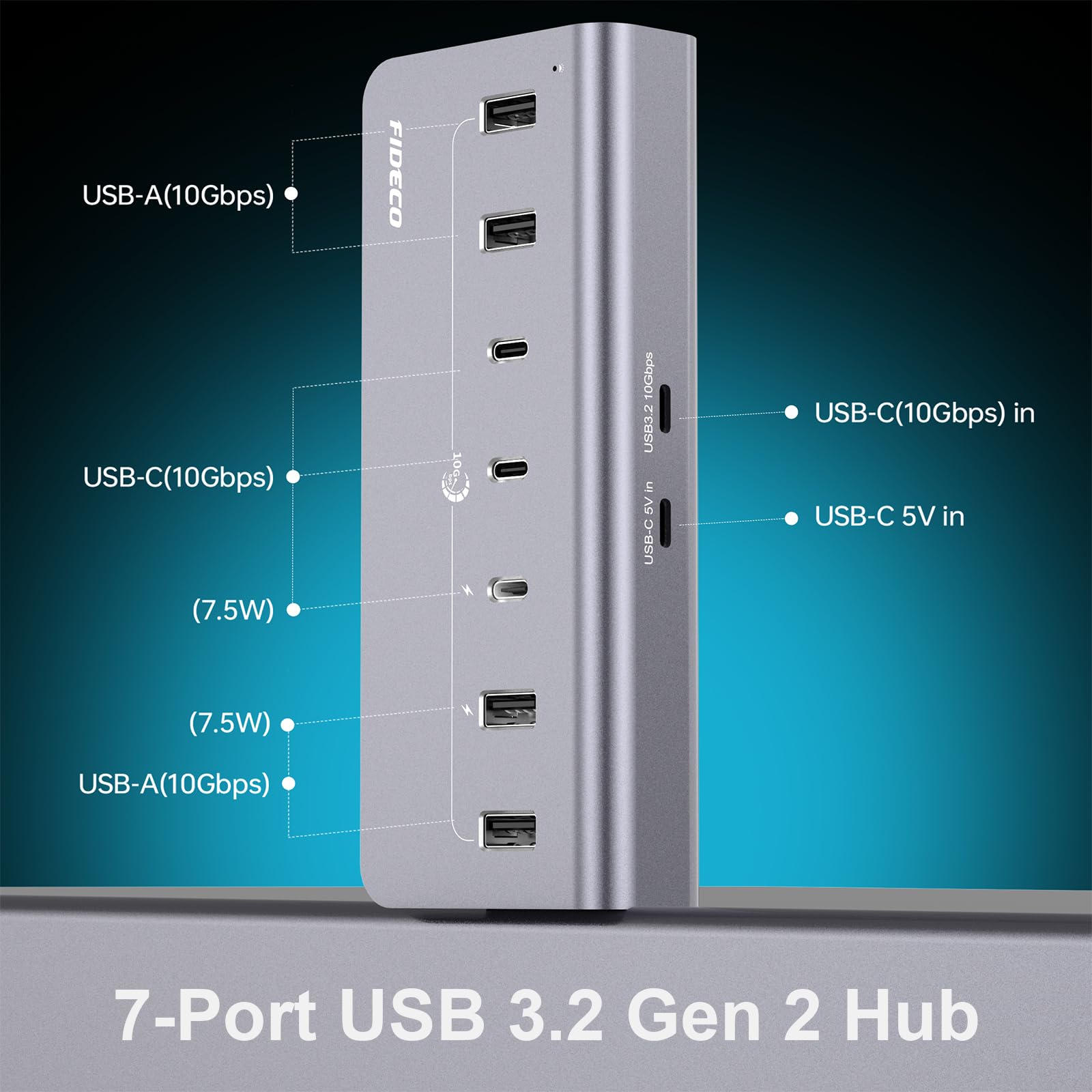 FIDECO Hub USB Alimentado, 7 Puertos USB 3.2 Gen 2 10Gbps Alta Velocidad Aluminio Completo con Adaptador de Corriente de 5V 3A 4 Puertos USB A y 3 Puertos USB C Soporte de Carga BC1.2 (Gris)