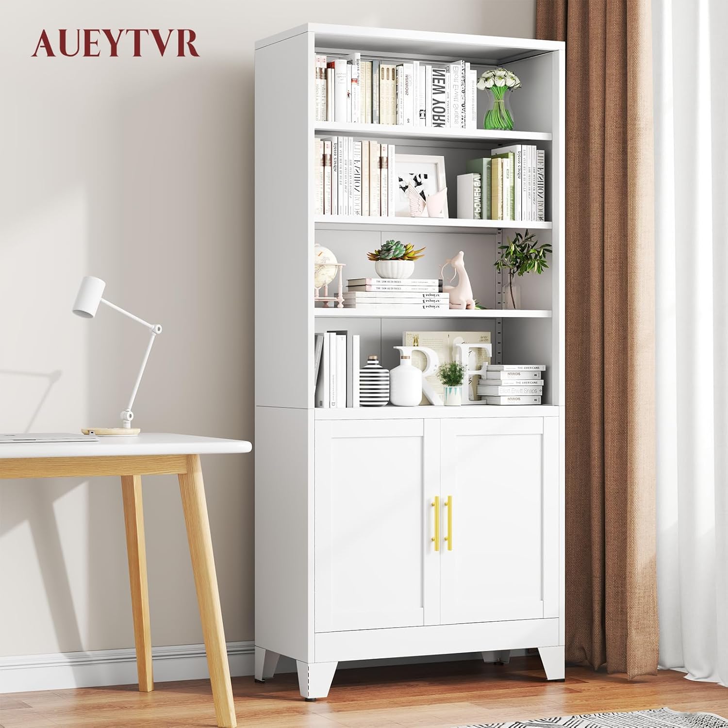 Metal Bookshelves and Bookcases with Storage Doors Floor Standing 6 Shelf Display Storage Shelves 71 in Tall Bookcase for Home Office, Living Room (White1)