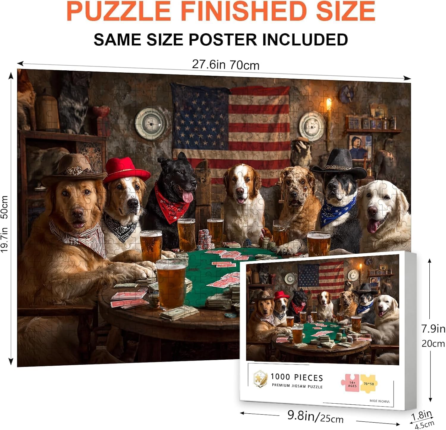 Funny Dogs Playing Poker – 1000 Piece Puzzle for Adults, Western Style Dog Bar Scene with Beers and Cards image 2