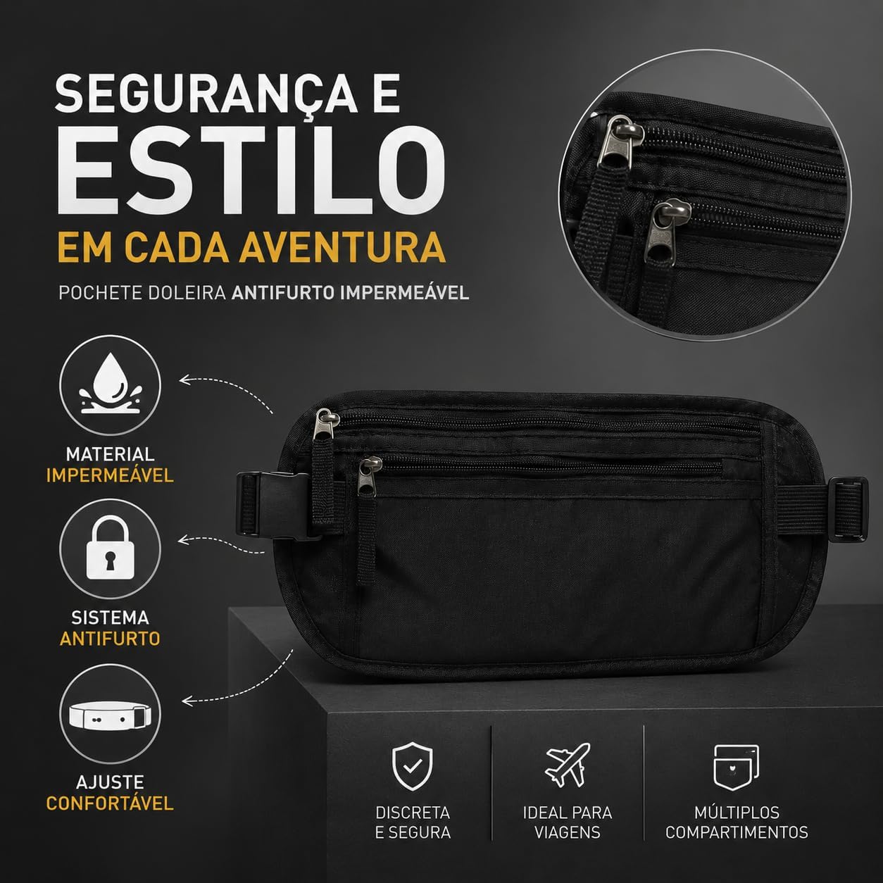 Pochete Doleira Antifurto de Viagem Slim Preto com Cinto Elástico Ajustável Dois Bolsos Discreta e Confortável Pochete Doleira Antifurto de Viagem Slim Preto com Cinto Elástico Ajustável Dois Bolsos Discreta e Confortável