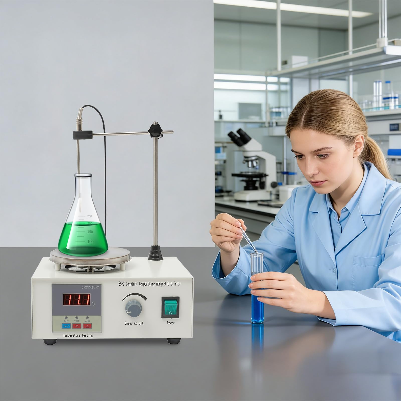 Agitatore magnetico con piastra riscaldante, 0-2000 giri/min, potenza di riscaldamento 250 W, piastra di agitazione, set di agitazione da 2000 ml, con pulsante RPM regolabile e supporto e barre di