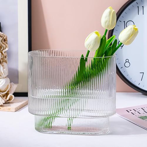 Miniatura 4 de Fixwal Florero de cristal transparente acanalado de 8 pulgadas para centros de mesa, diseño moderno acanalado para mesa de cena de boda, dormitorio